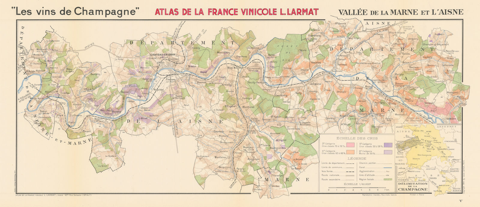 Associate Product CHAMPAGNE WINE MAP Vallée de la Marne et l'Aisne. Damery-St Aulde. LARMAT 1944