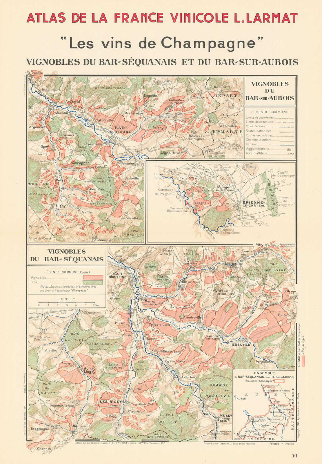 CHAMPAGNE VINEYARD MAP Vignobles. Bar-Séquanais. Bar-sur-Aubois. LARMAT 1944