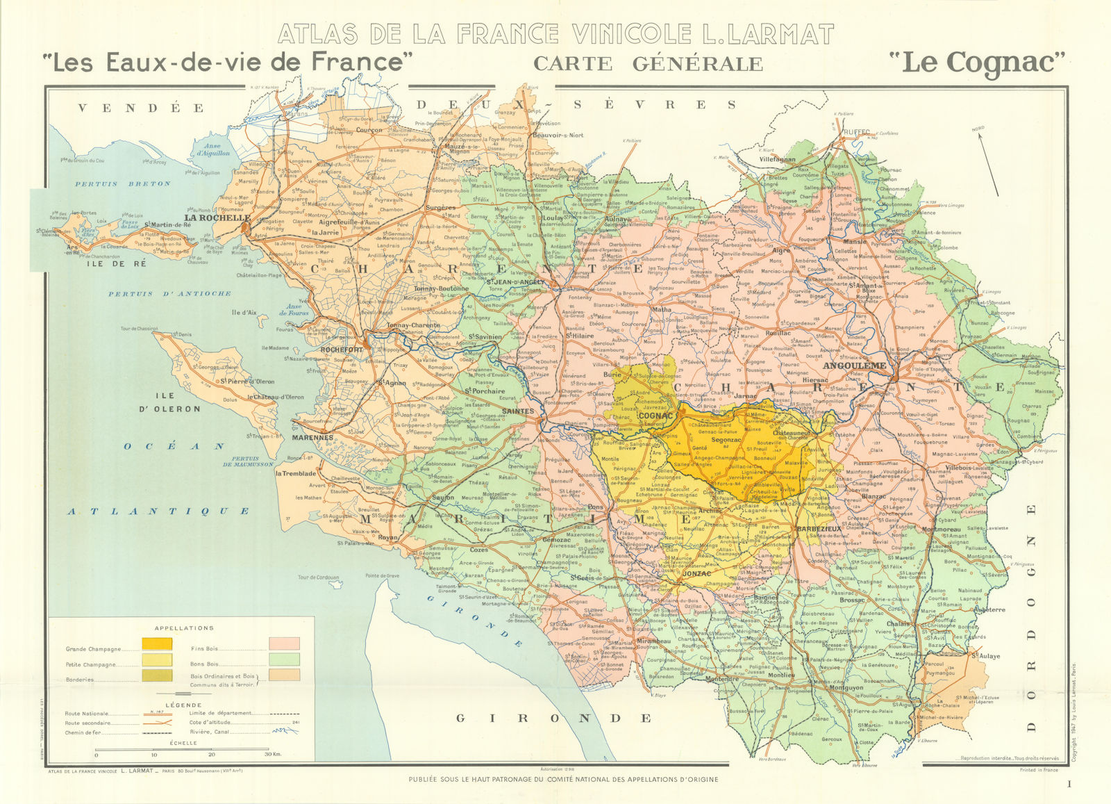 COGNAC BRANDY MAP Crus. Carte Générale. Champagne/Bois &c. Charente. LARMAT 1947