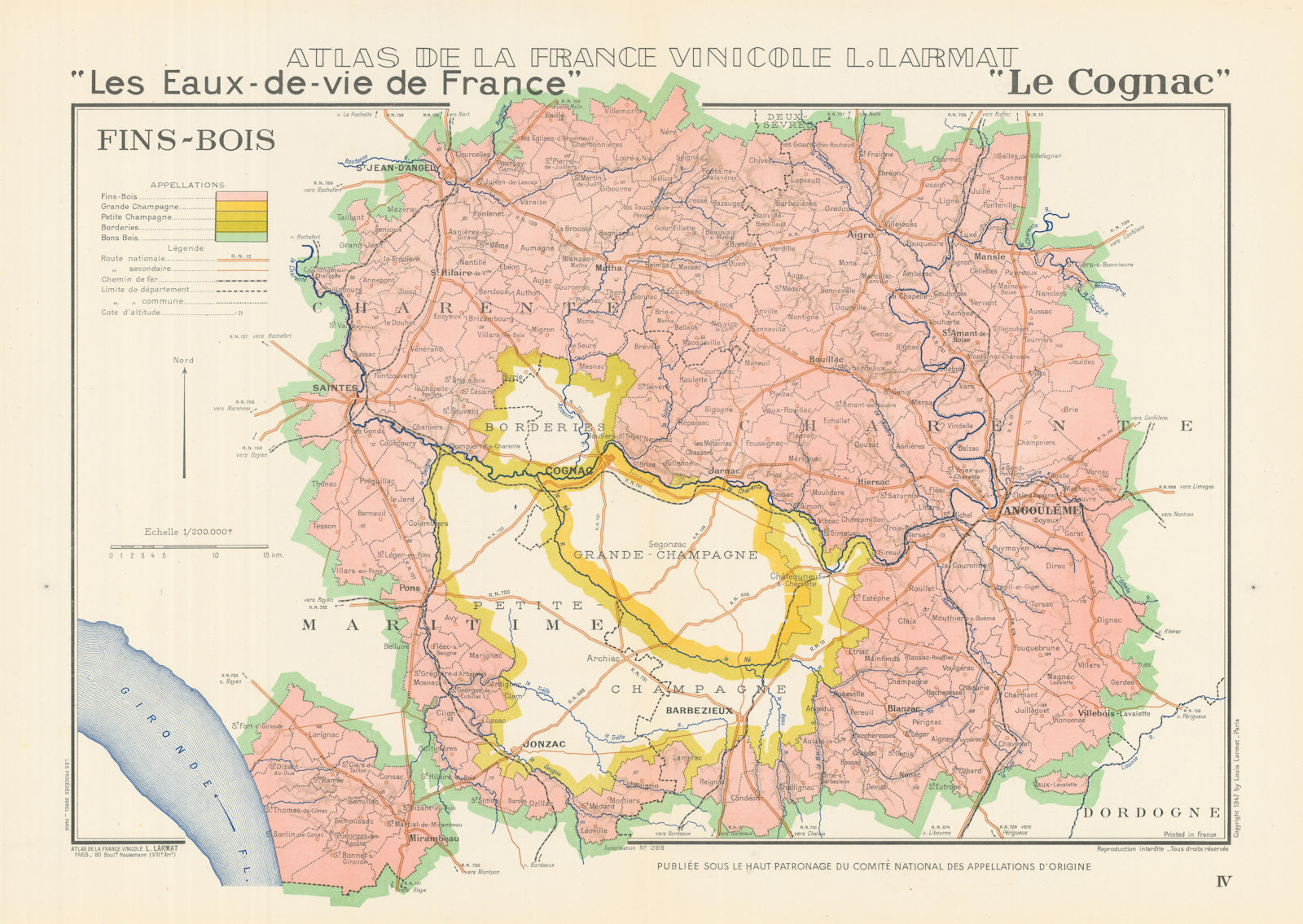 Associate Product COGNAC BRANDY MAP Fins-Bois. Eaux-de-vie. Charente Maritime. LARMAT 1947