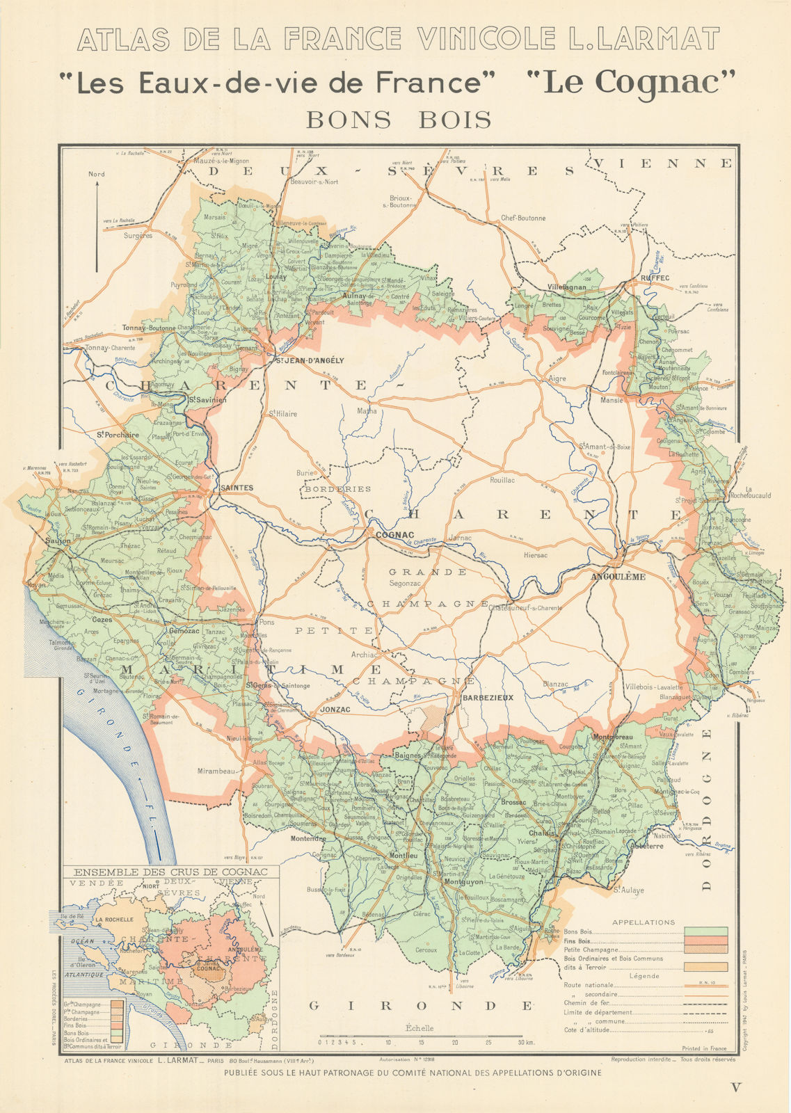 Associate Product COGNAC BRANDY MAP Bons Bois. Eaux-de-vie. Charente Maritime. LARMAT 1947