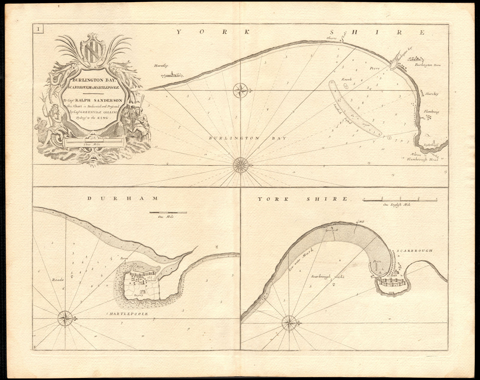 Bridlington Bay, Scarborough & Hartlepool sea chart by Capt. G Collins c1774 map