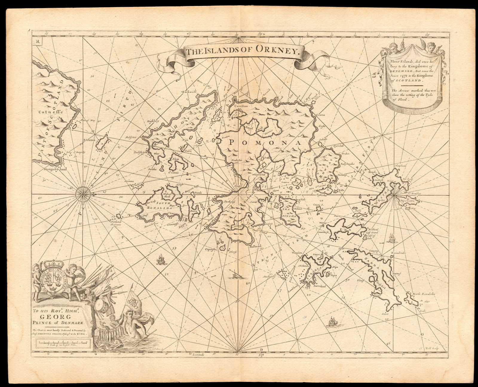 'The Islands of Orkney' sea chart by Capt G. COLLINS. Pomona Hoy &c c1774 map