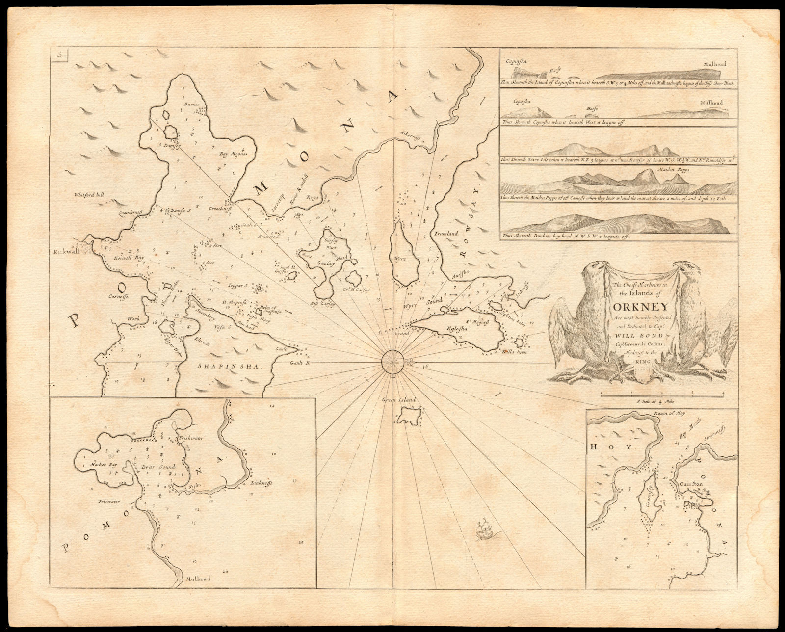'Chiefe Harbours in the Islands of Orkney' sea chart. Kirkwall.COLLINS c1774 map