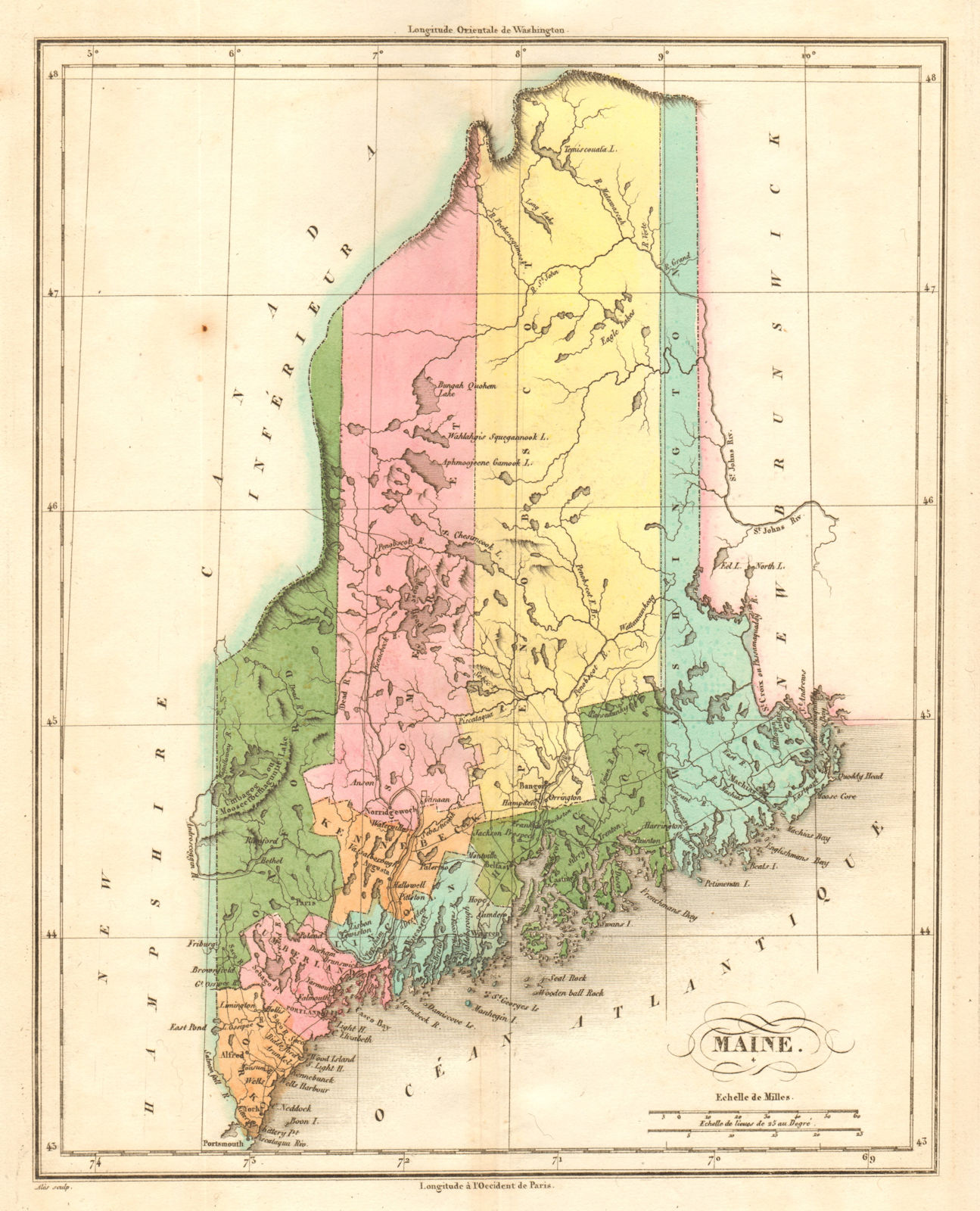 Maine state map. Claimed borders