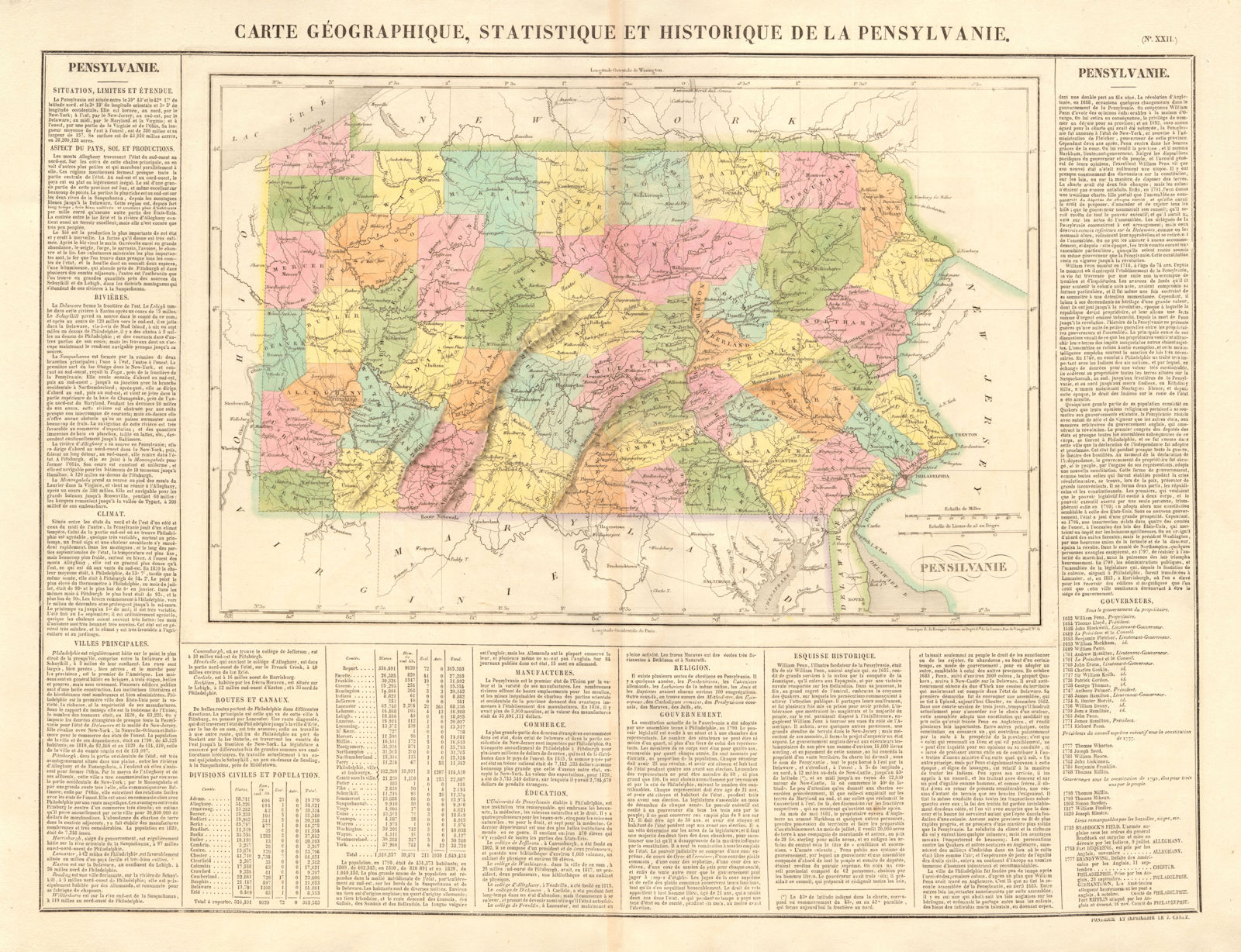 'Pensylvanie'. Pennsylvania state map. Includes the Delaware Wedge. BUCHON 1825