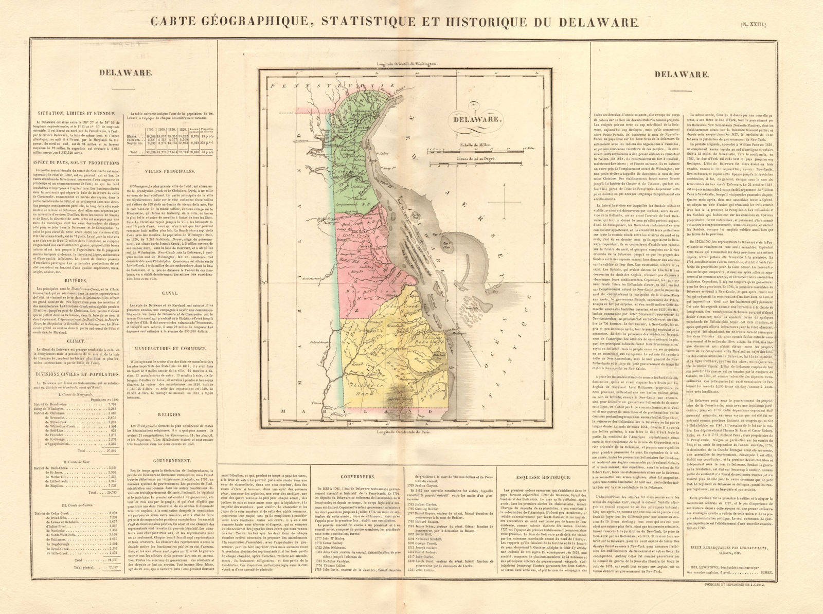 Delaware antique state map. Delaware Wedge shown as part of PA. BUCHON 1825
