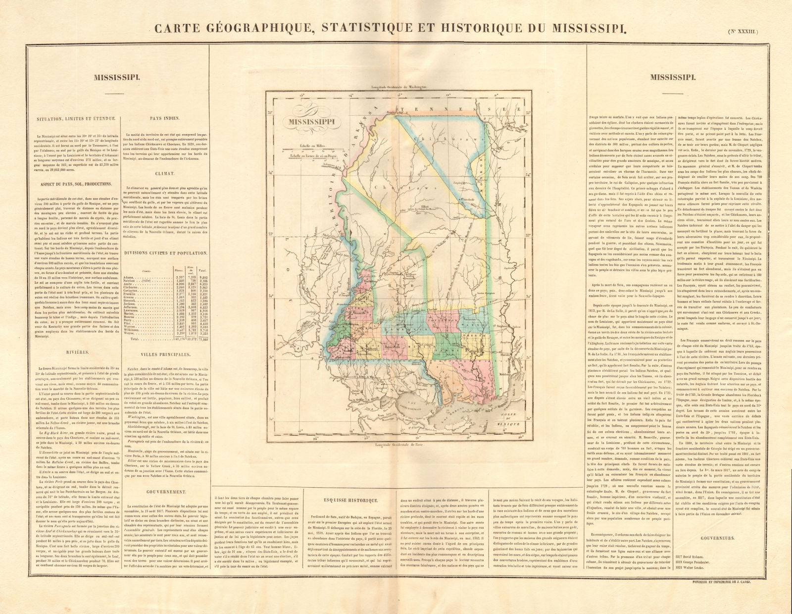 Mississippi state map. Chickasaws. Choctaws. Explorers' routes. BUCHON 1825