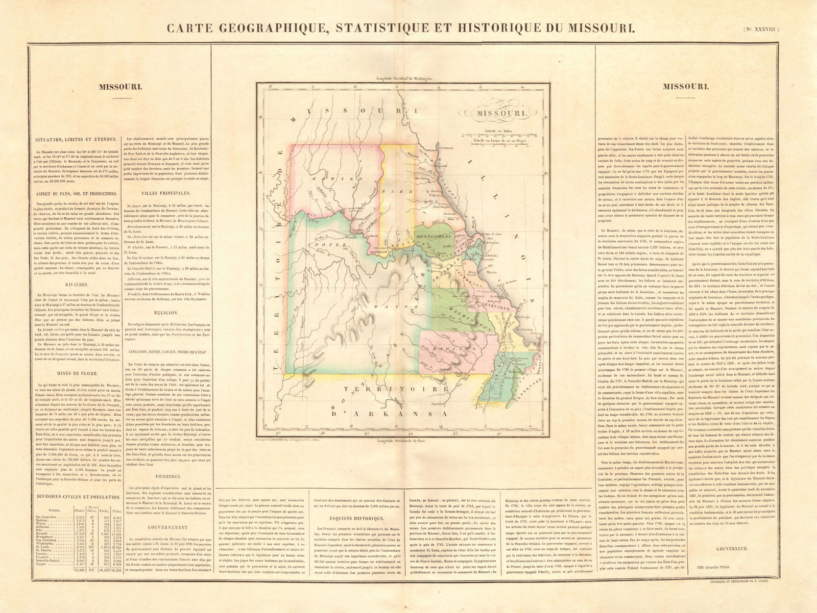 Missouri state map. Borders <1837 Platte Purchase. Indian frontier. BUCHON 1825