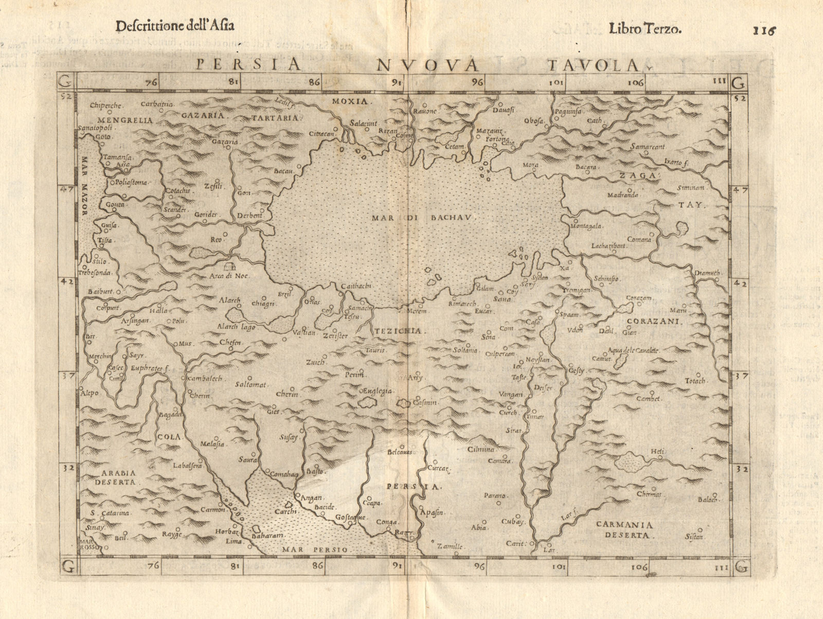 'Persia Nuova Tavola'. New map of Persia. Iran & Caspian Sea. RUSCELLI 1598