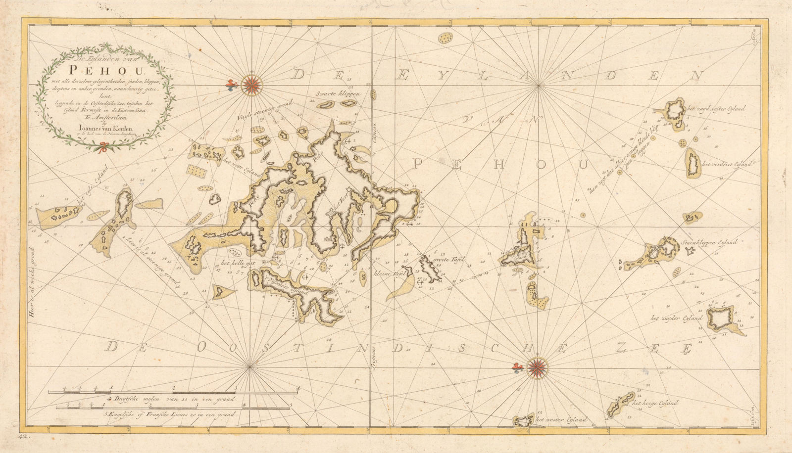 'De Eylanden van Pehou' by VAN KEULEN. Penghu Islands Taiwan. VOC chart 1753 map