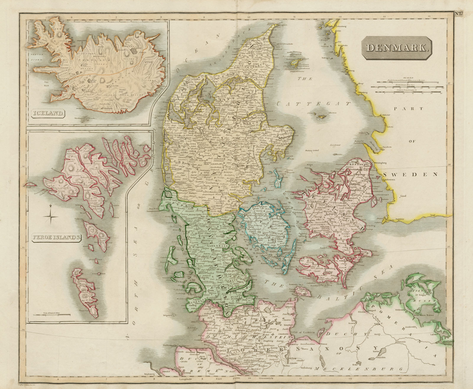 Denmark, Iceland and the Feroe / Faroe islands by John Thomson 1817 old map