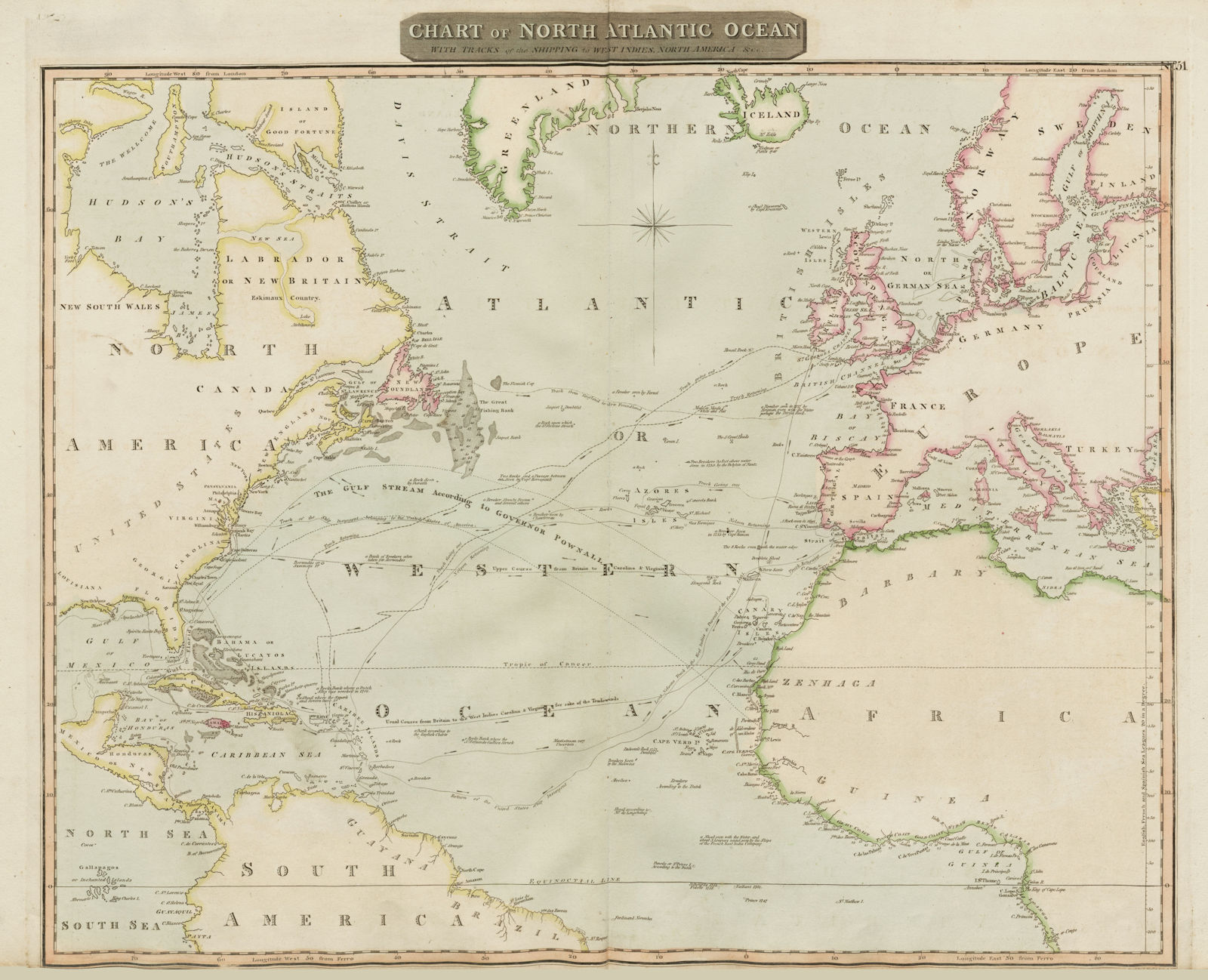 "North Atlantic Ocean" w/ Gulf Stream, Nelson's & trade routes. THOMSON 1817 map
