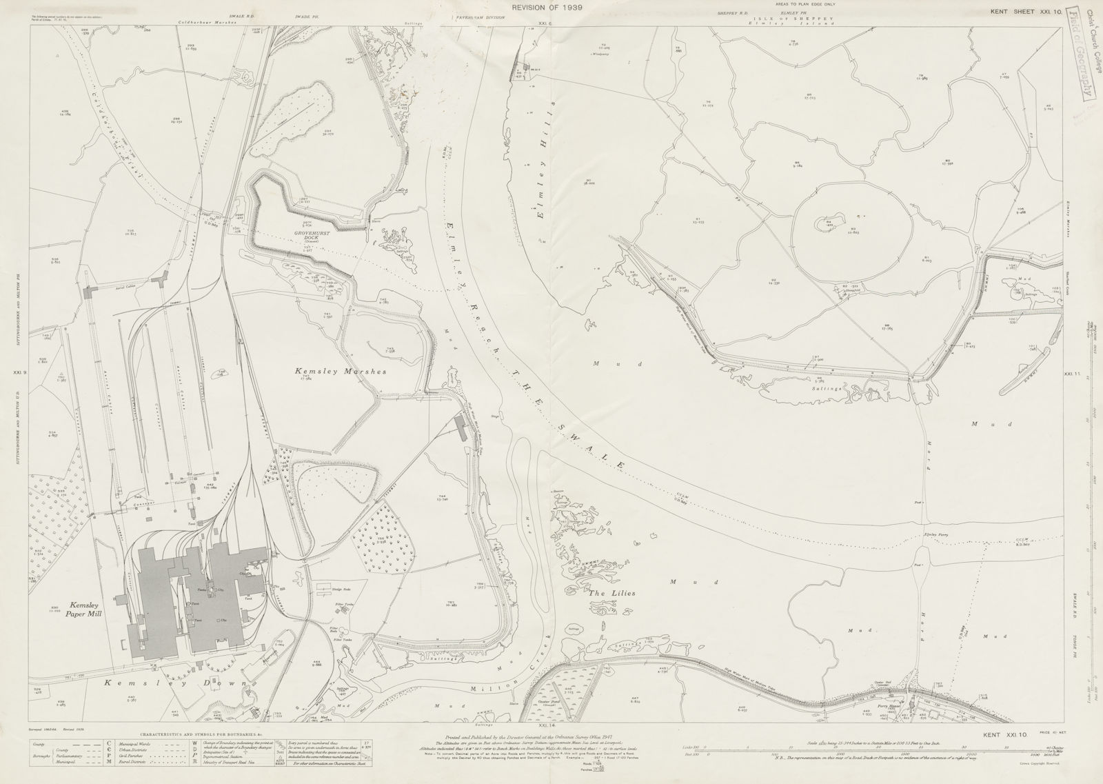 Kemsley Paper Mill. The Swale. Ordnance Survey Kent sheet XXI. 10 1939 old map
