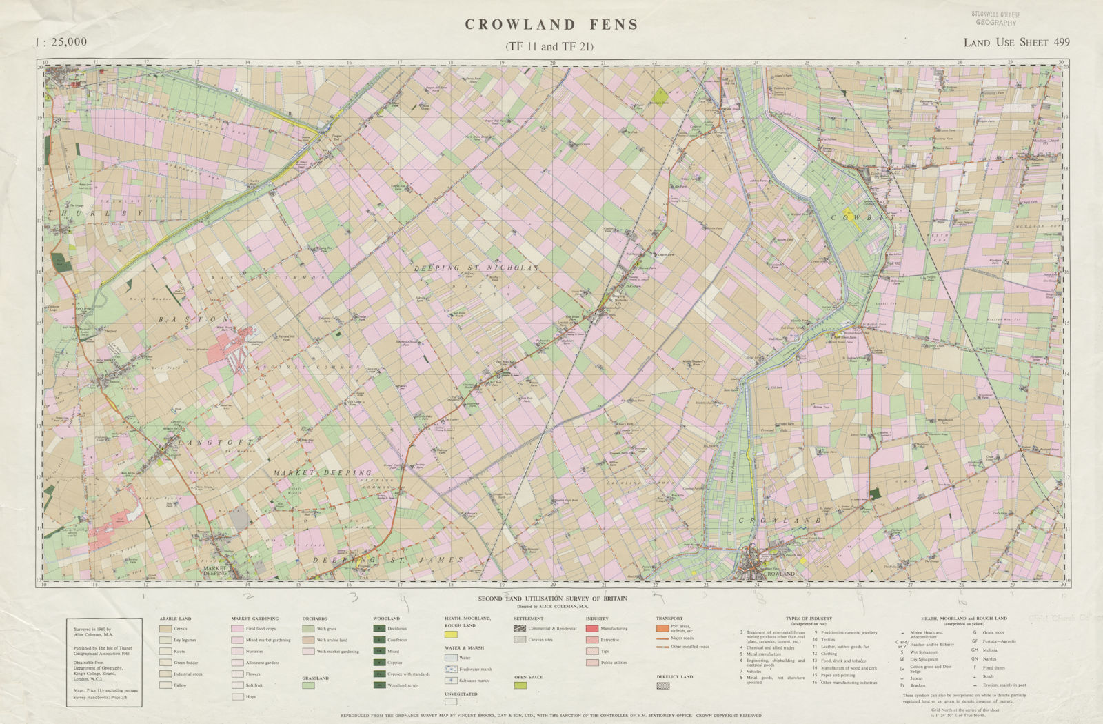 Associate Product Crowland Fens (TF11 and TF21) Land Use Survey Sheet 499. 85x55cm 1961 old map