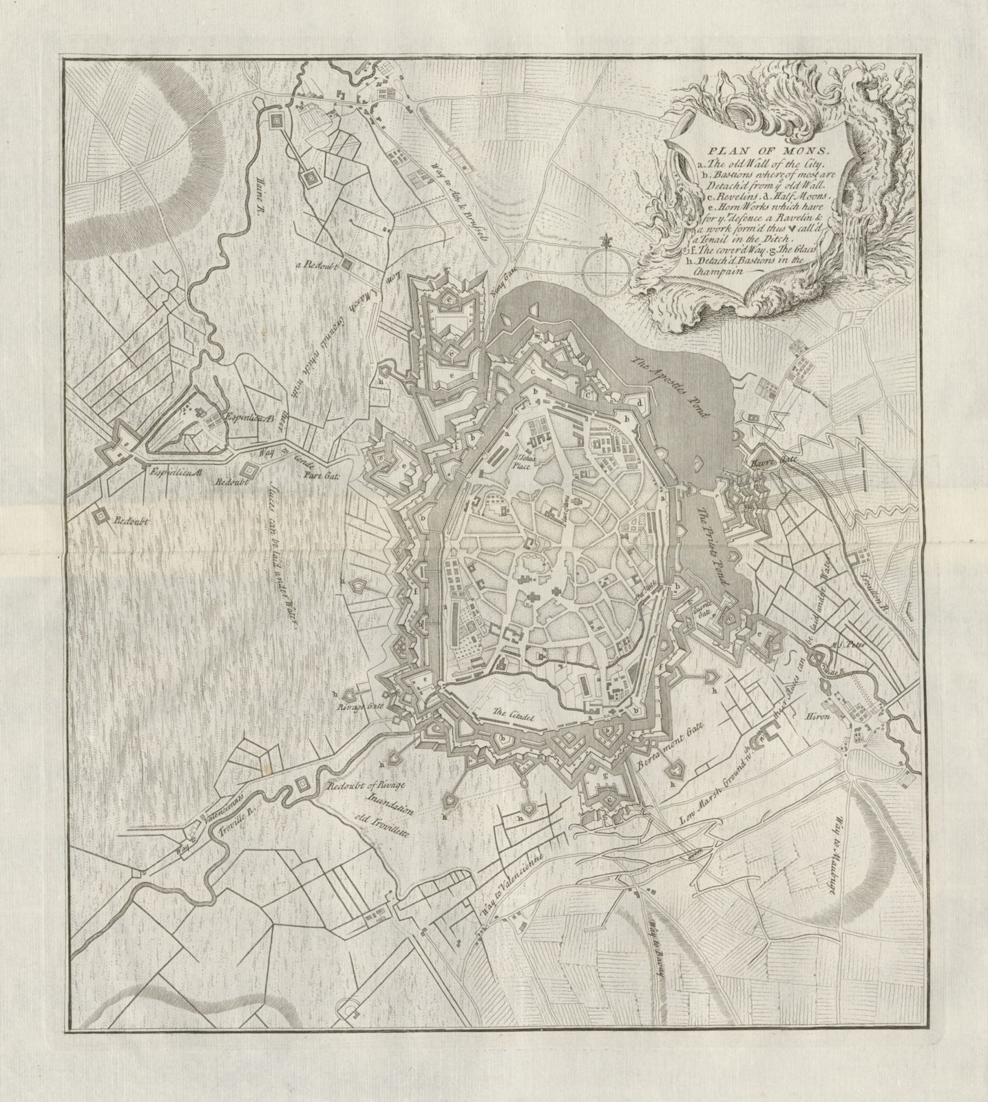 Associate Product "Plan of Mons", antique town plan by Claude DU BOSC c1735 old map