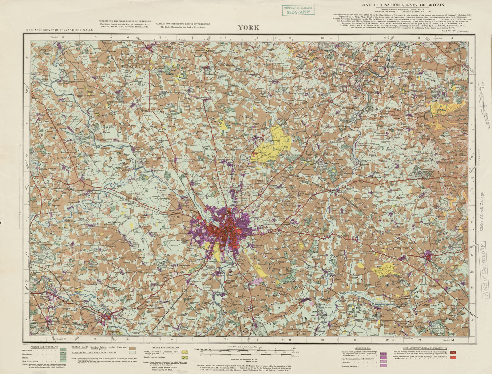 York & environs World War Two land use survey sheet 27. 77x59cm 1944 old map