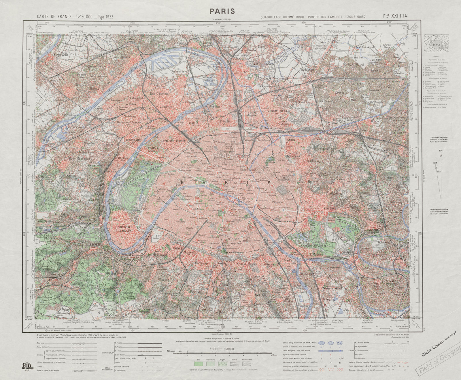 Vintage PARIS town city plan. Carte de France Type 1922. Flle XXIII 14 1960 map