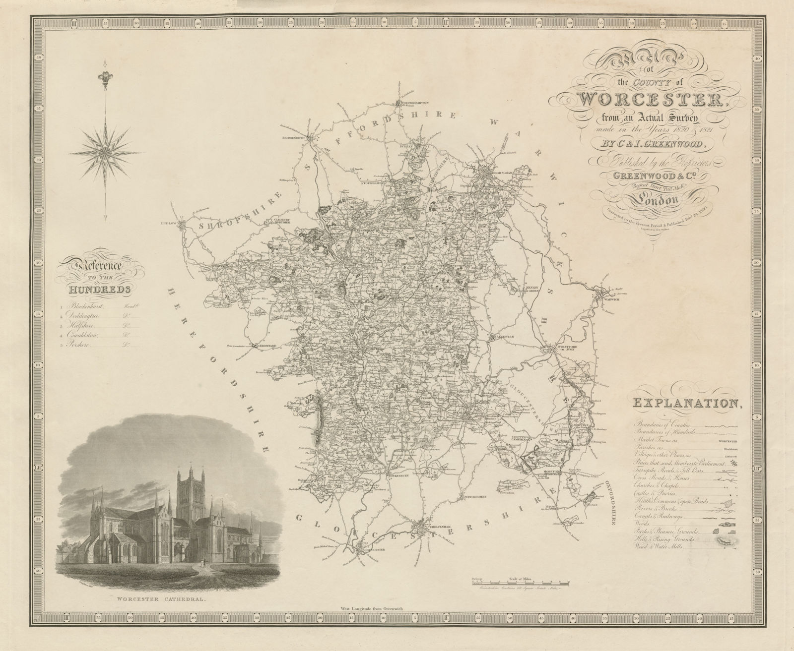 Associate Product "Map of the county of Worcester" Worcestershire GREENWOOD 75x60cm 1830 old