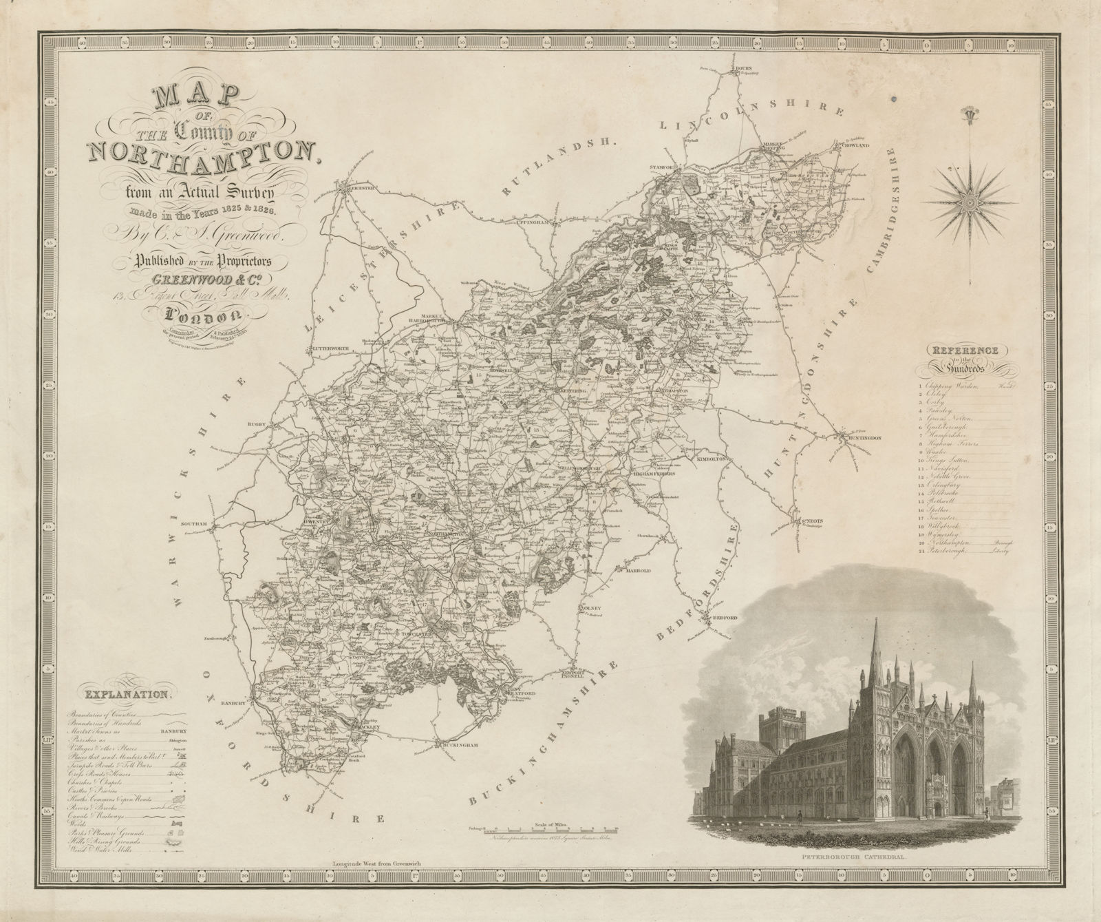 "Map of the county of Northampton" Northamptonshire GREENWOOD 75x60cm 1830