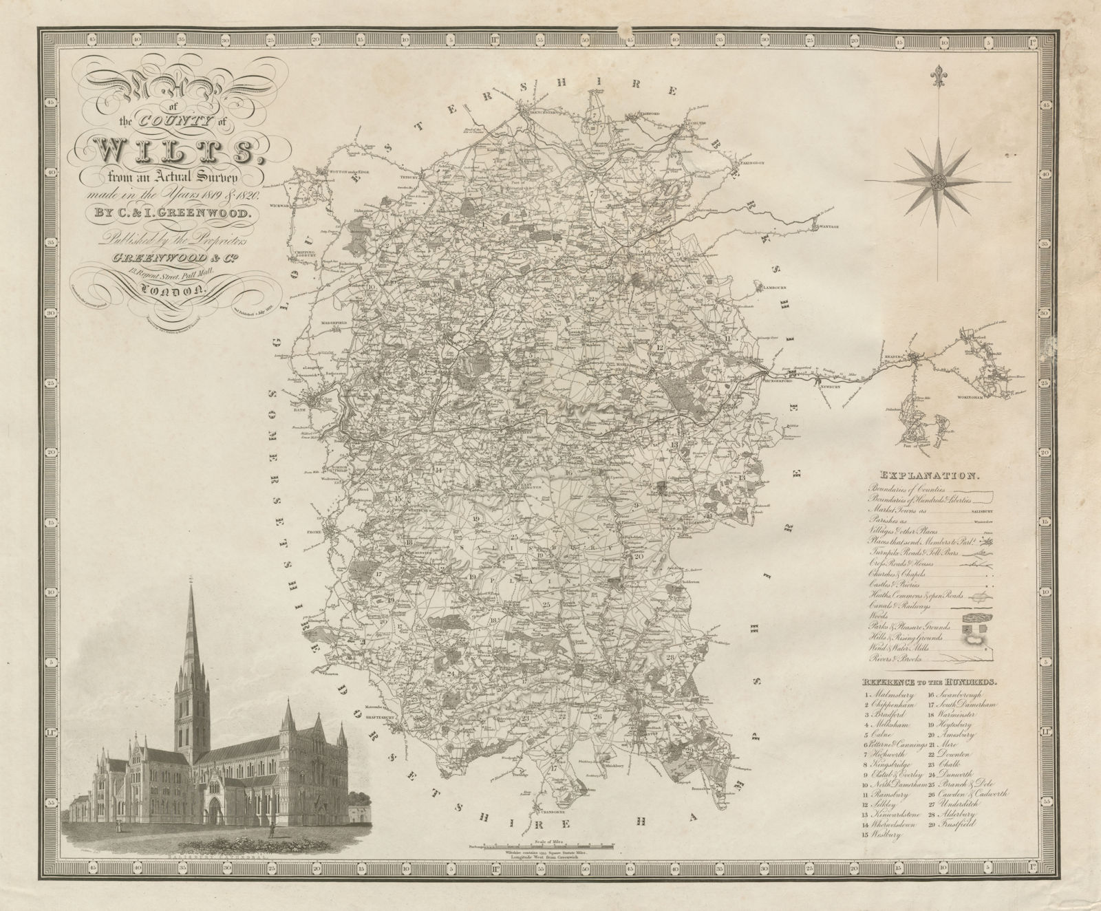 "Map of the county of Wilts". Wiltshire. GREENWOOD / WALKER. Large 75x60cm 1829