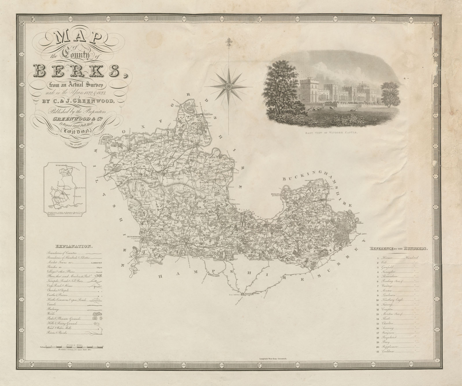 Associate Product "Map of the county of Berks". Berkshire. GREENWOOD / DOWER. Large 75x60cm 1829