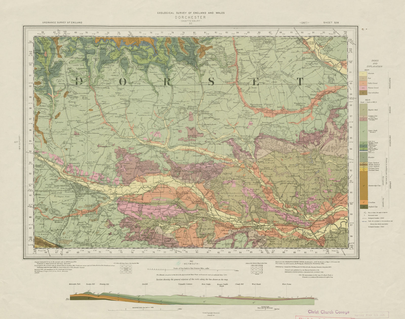 Associate Product Dorchester. Vintage geological survey map. Sheet 328. Dorset Dorset Downs 1958