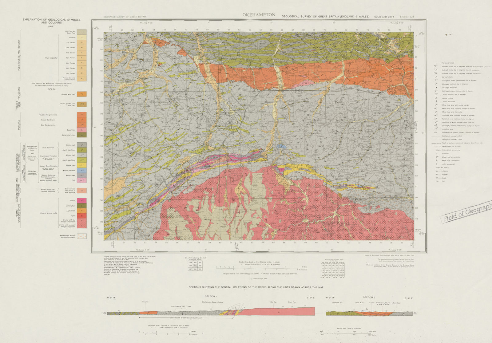 Okehampton. Geological survey map. Sheet 324. Devon Dartmoor Chagford 1969