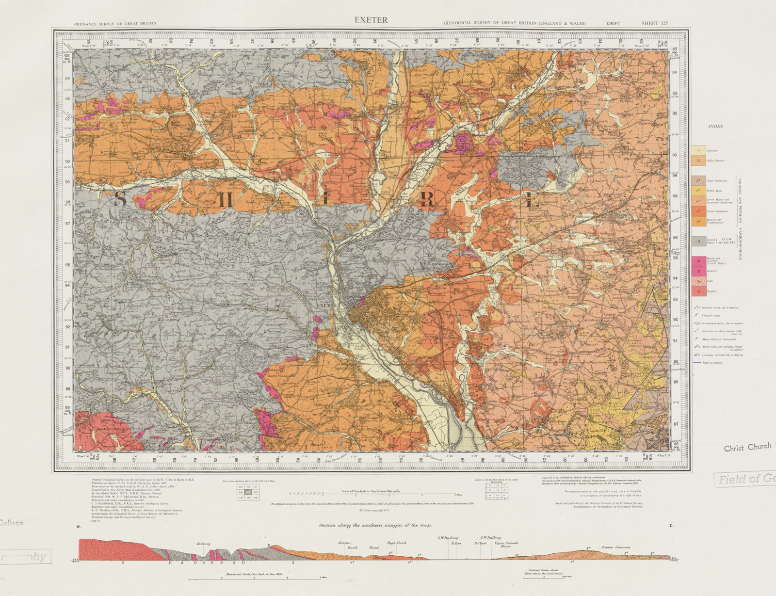 Exeter. Vintage geological survey map. Sheet 325. Devon River Exe 1971 old