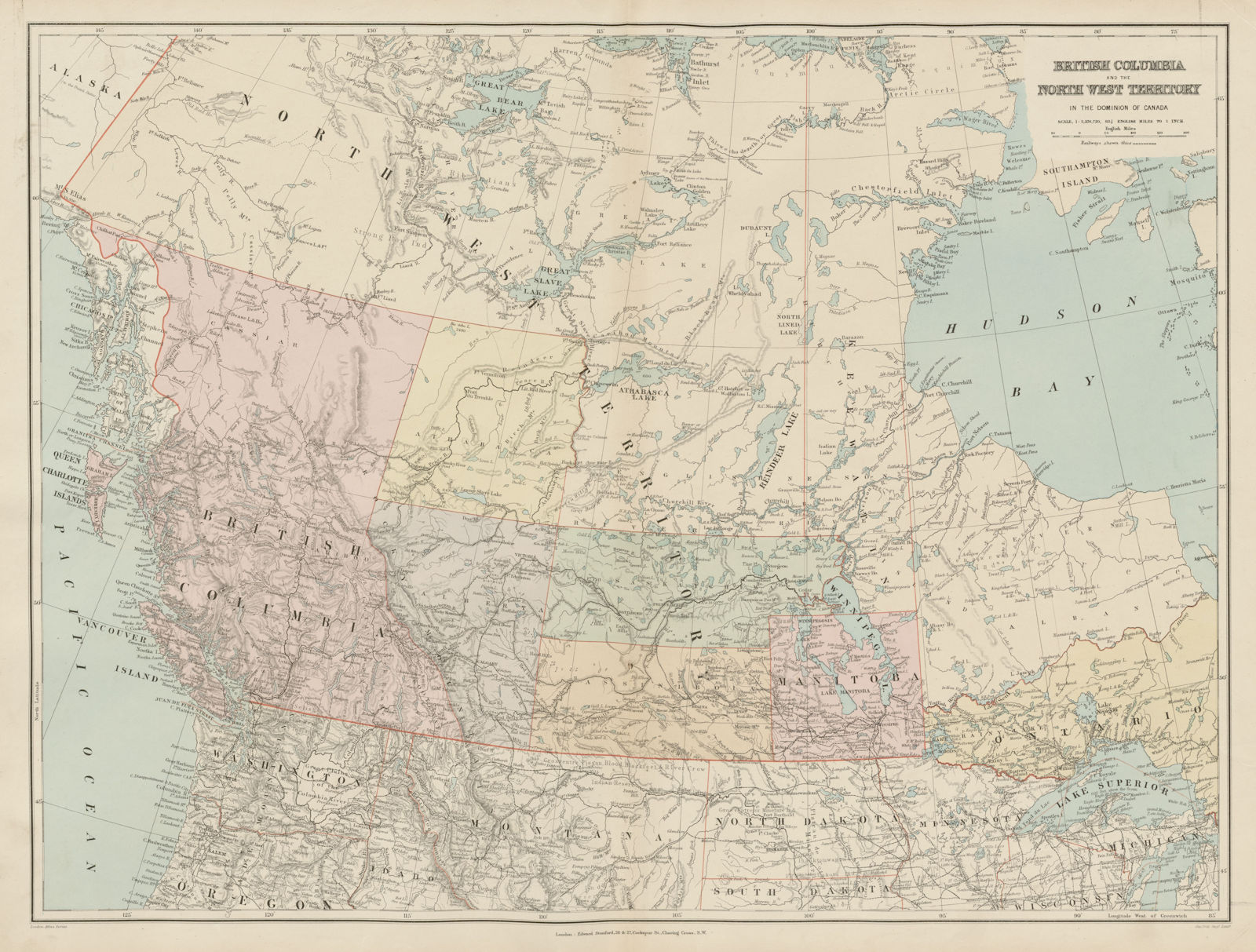 Associate Product British Columbia & Northwest Territory. Manitoba Canada. STANFORD 1896 old map