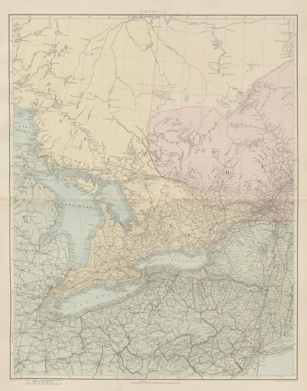 Great Lakes Huron Erie Ontario New York State Pennsylvania. STANFORD 1896 map