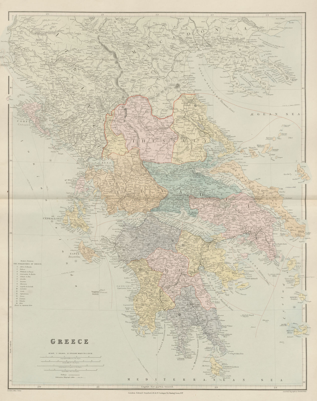 Associate Product Greece. Nomarchies. Ionian Sporades Cyclades Morea Livadia. STANFORD 1896 map