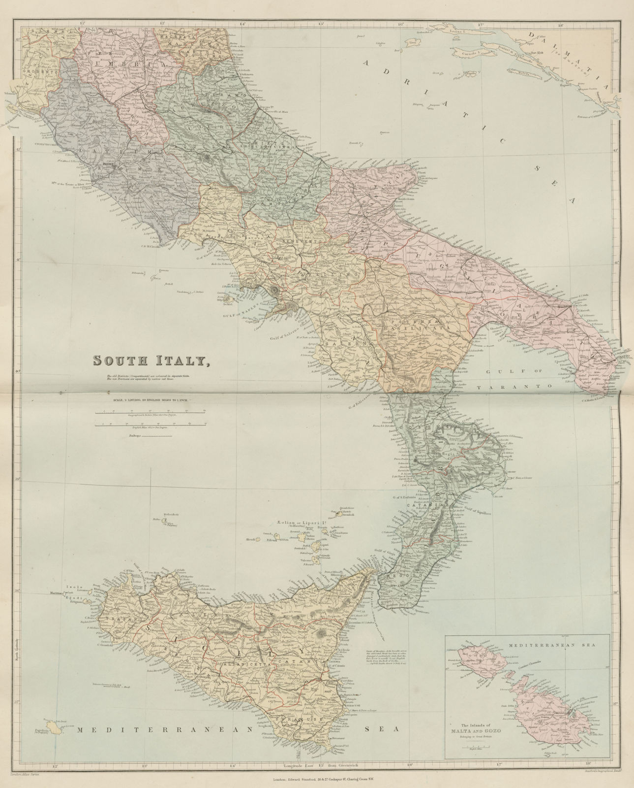 South Italy. Sicily Calabria Puglia Abruzzo Lazio Campania. STANFORD 1896 map
