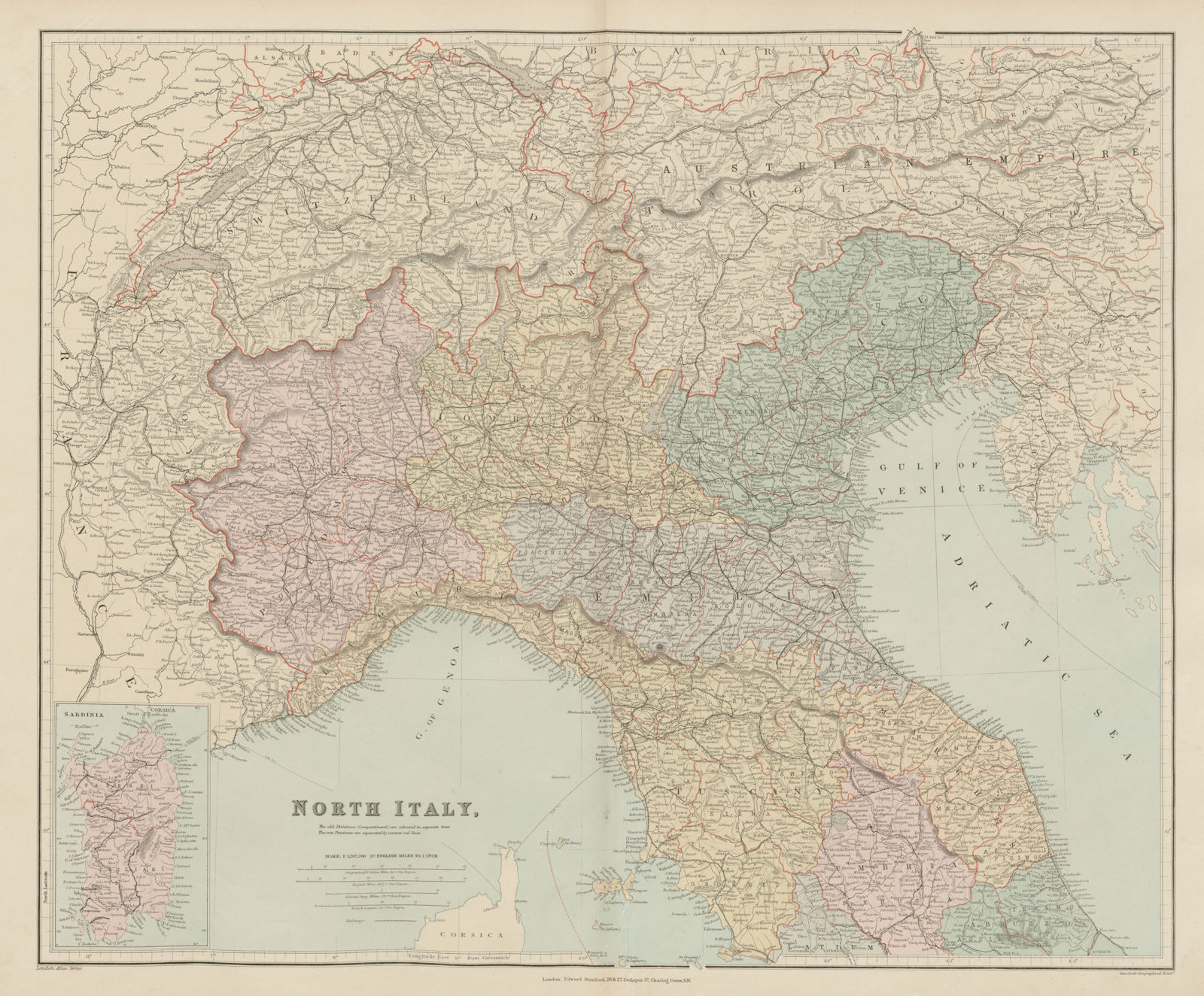 Associate Product North Italy. w/o Trieste Tyrol. Lombardy Piedmont Veneto &c. STANFORD 1896 map