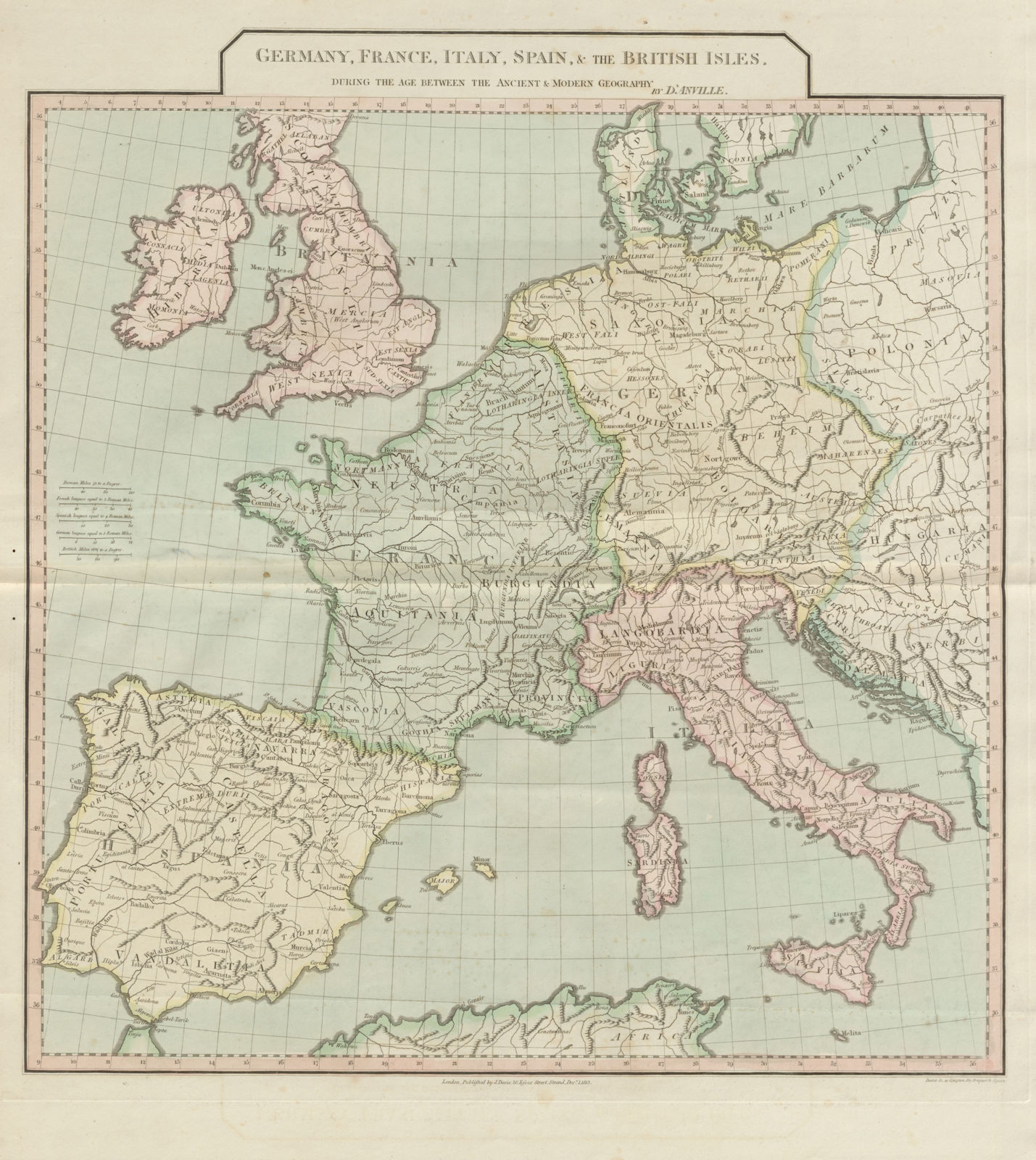 Western Europe "between the Ancient and Modern Geography". D'ANVILLE 1815 map