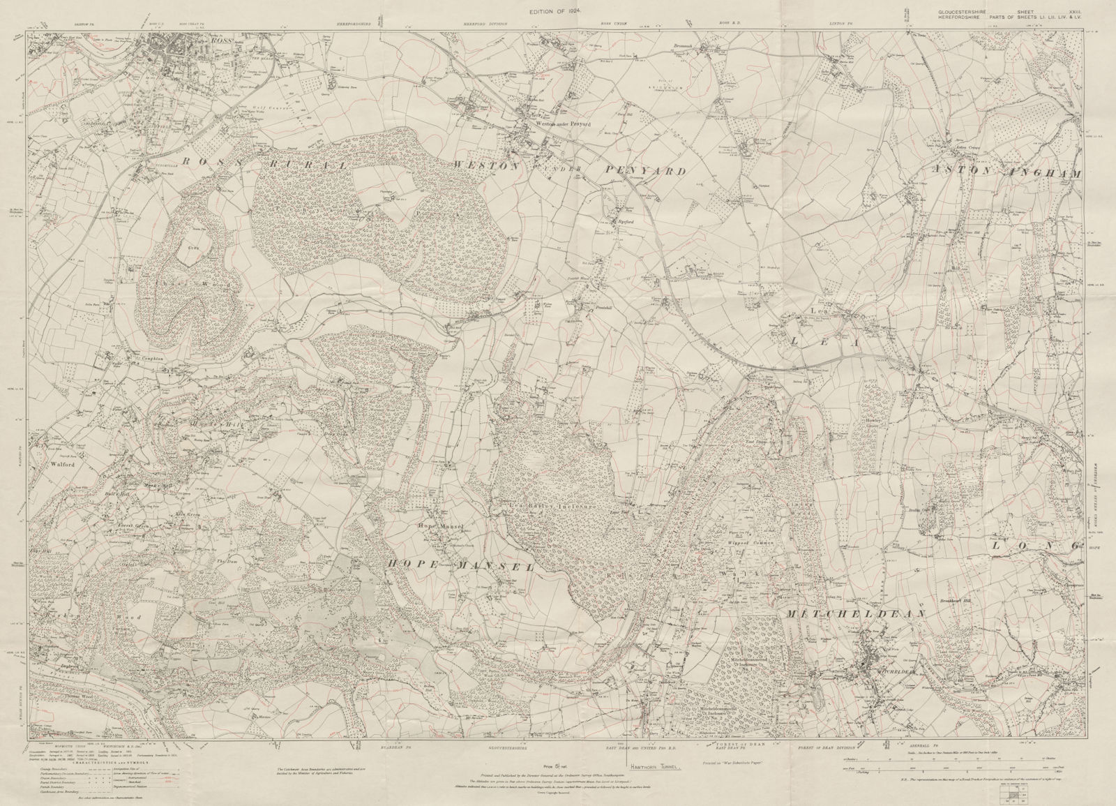 Ross-on-Wye valley Mitcheldean. Glos. / Herefordshire. ORDNANCE SURVEY 1924 map
