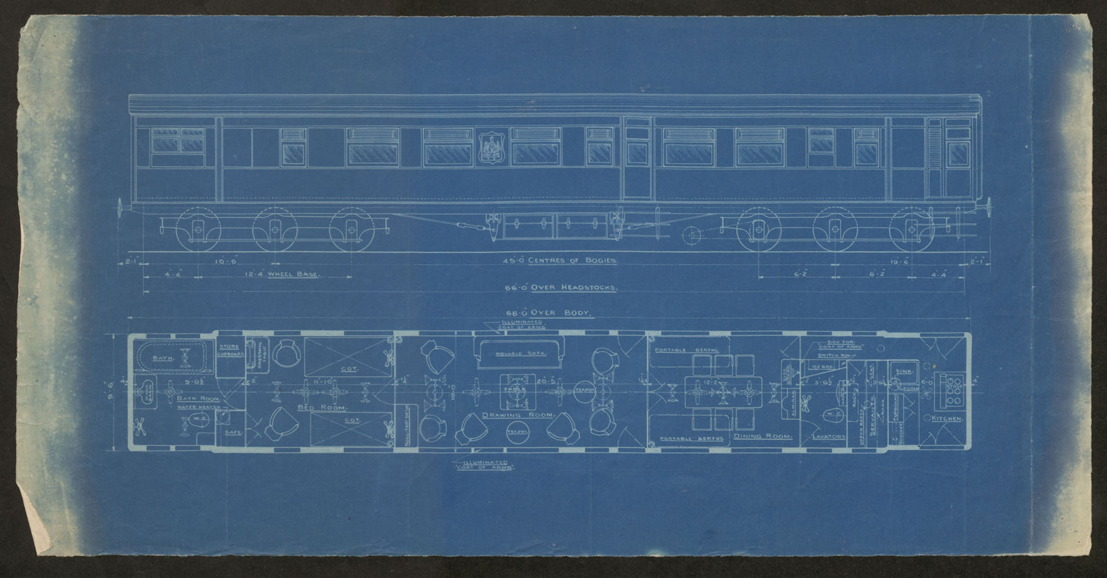 Elevation & plan of luxury railway carriage. Engineering blueprint c1935