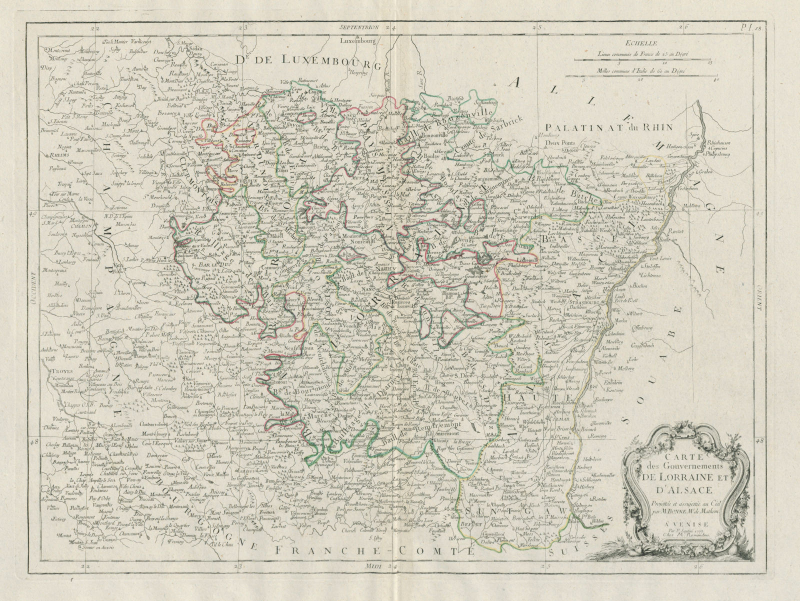 "Carte de Gouvernement de Lorraine et d'Alsace". France. SANTINI/BONNE 1784 map
