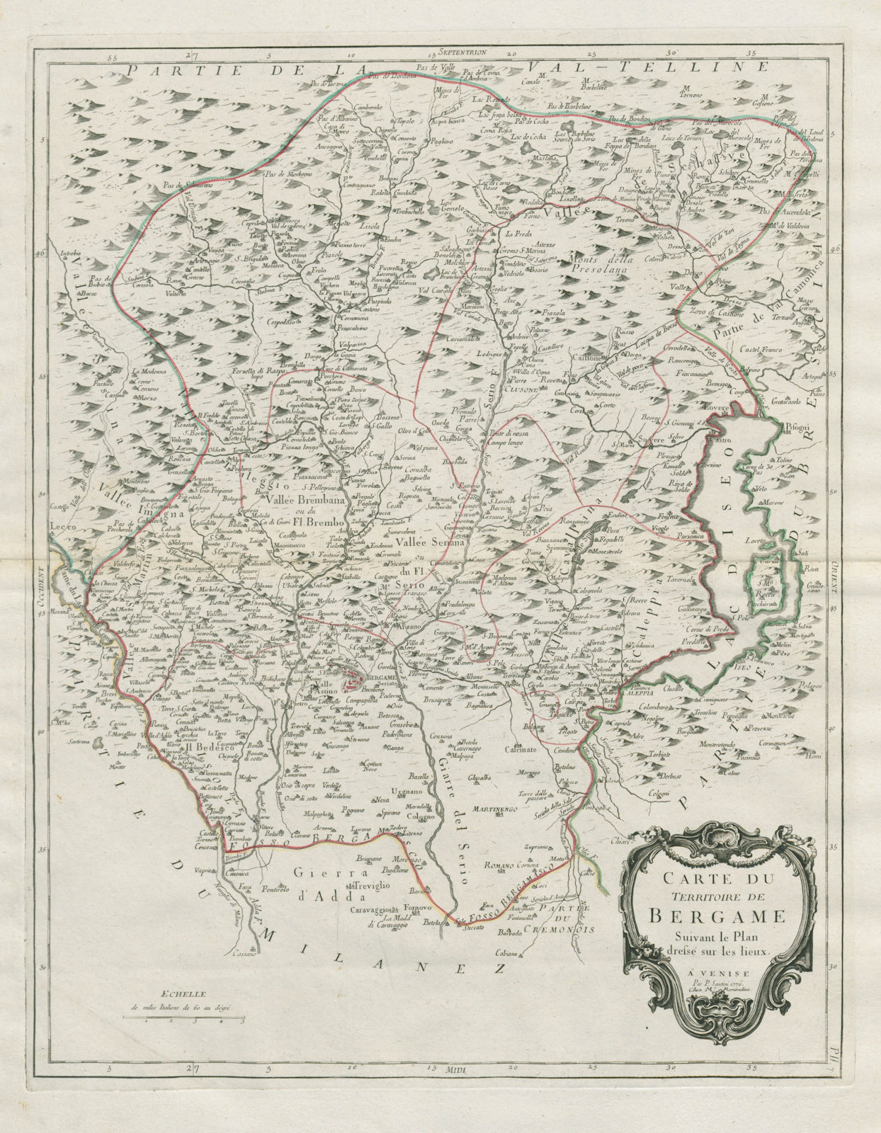 "Carte du Territoire de Bergame". Bergamo Lombardy Italy. SANTINI 1784 old map