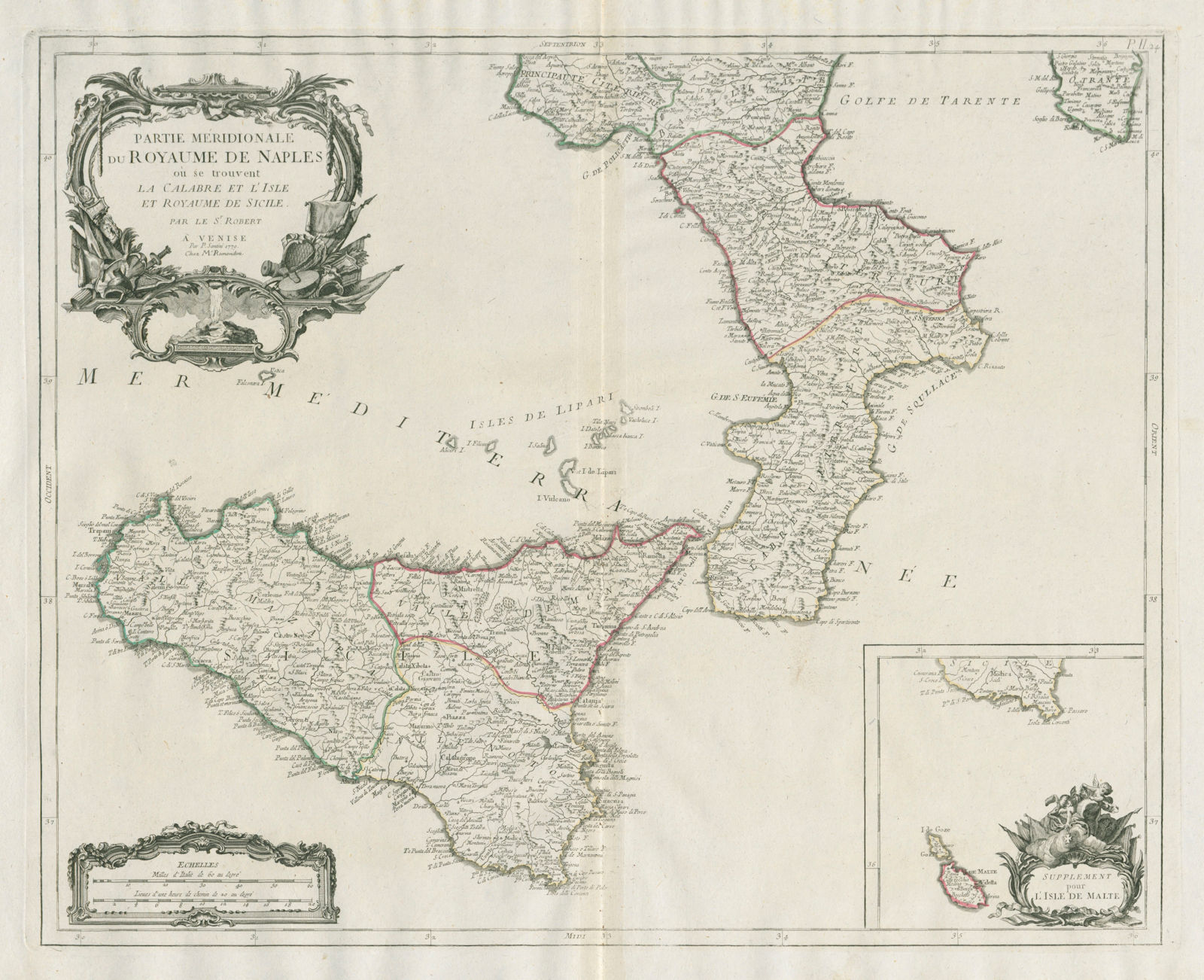"Partie Méridionale du Royaume de Naples…" Sicily. SANTINI / VAUGONDY 1784 map