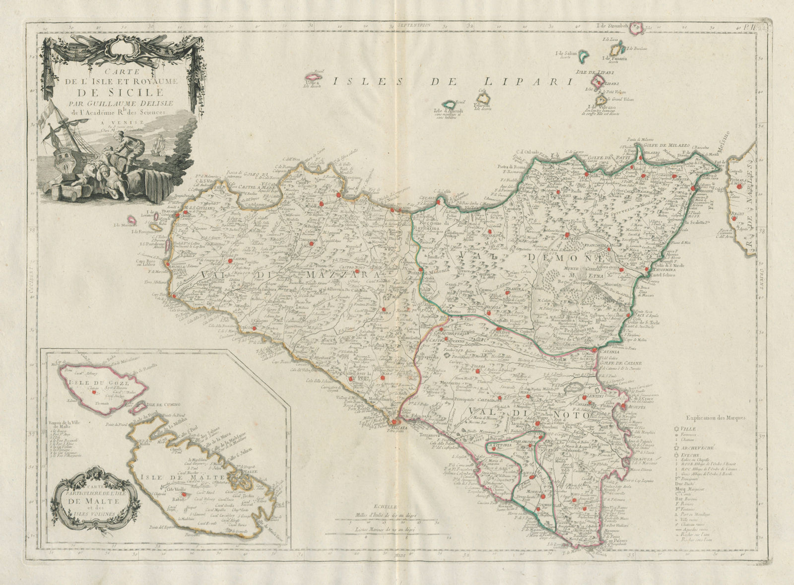 "Carte de l'Isle et Royaume de Sicile". Sicily. SANTINI / DE L'ISLE 1784 map