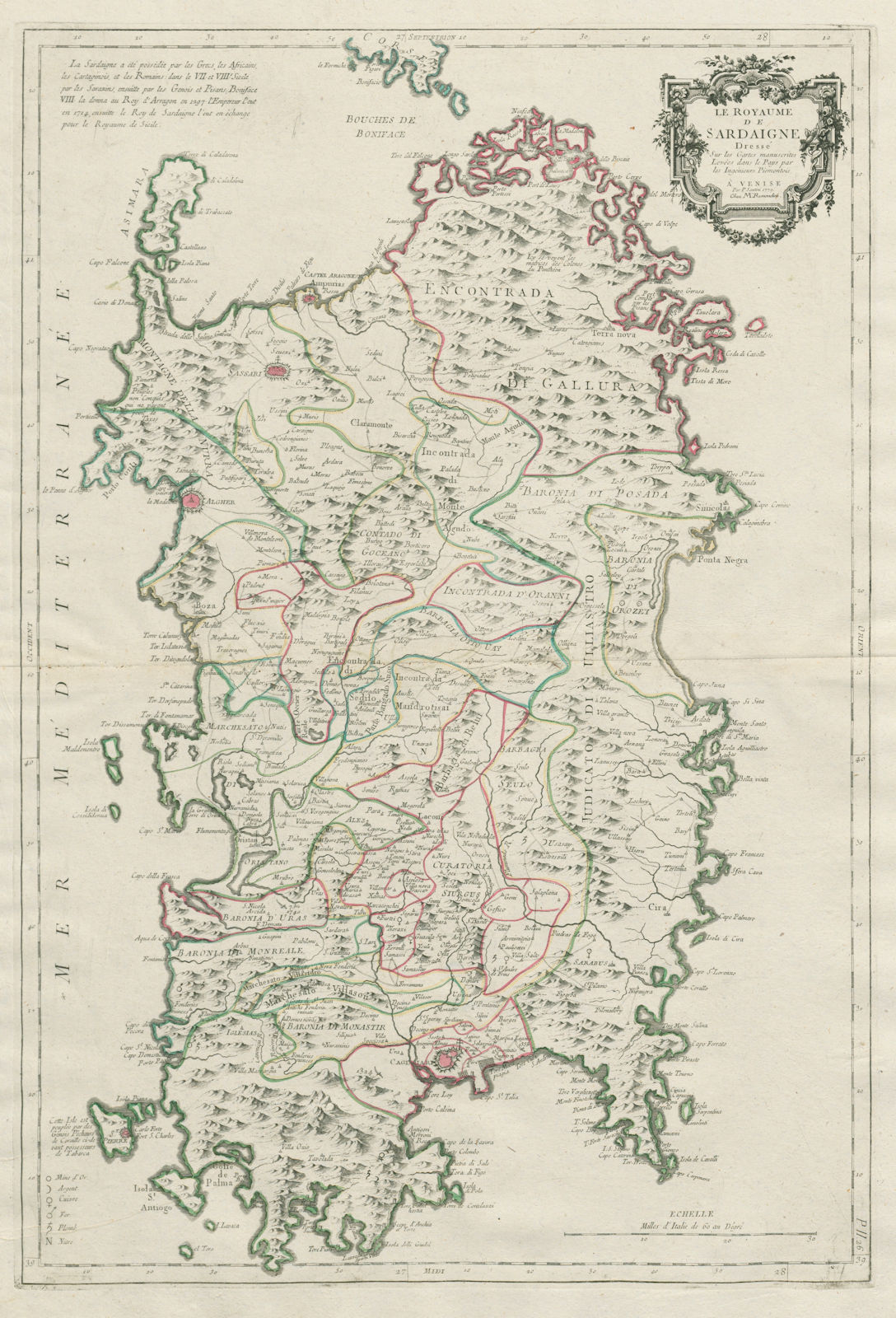 "Le Royaume de Sardaigne". Sardinia Italy. SANTINI 1784 old antique map chart