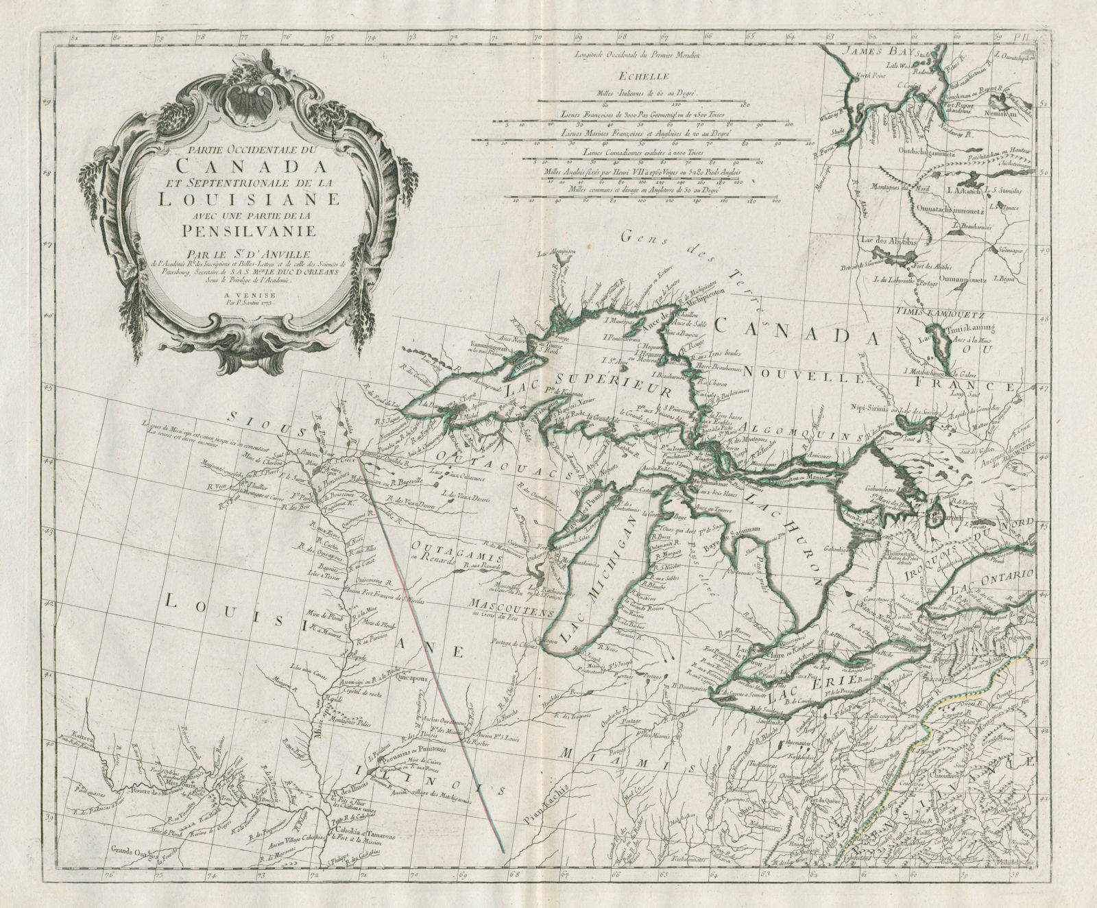 "Partie Occidentale du Canada…" Great Lakes Midwest. SANTINI/D'ANVILLE 1784 map