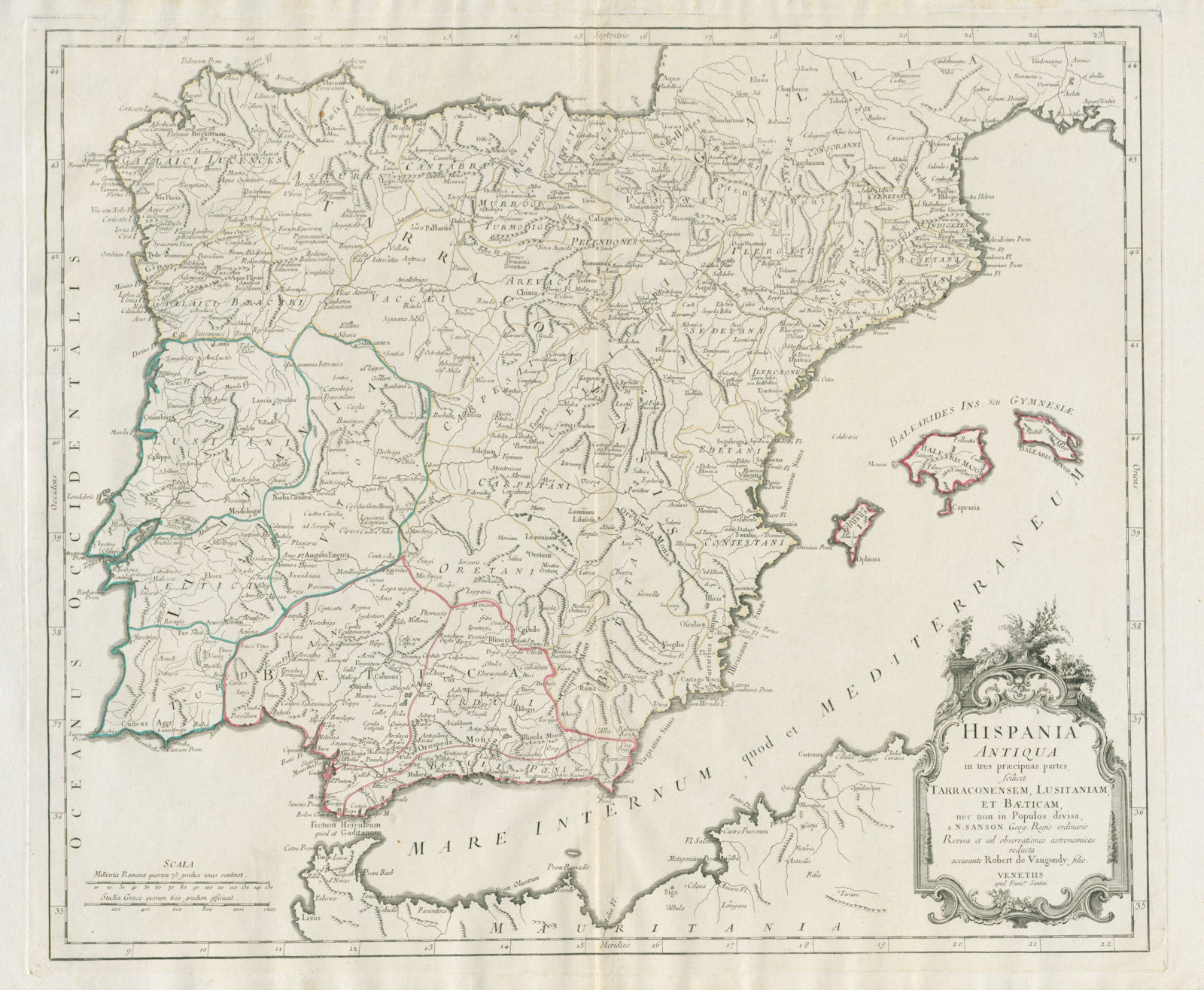"Hispania Antiqua in tres praecipuas partes…" Iberia. SANTINI/VAUGONDY 1784 map