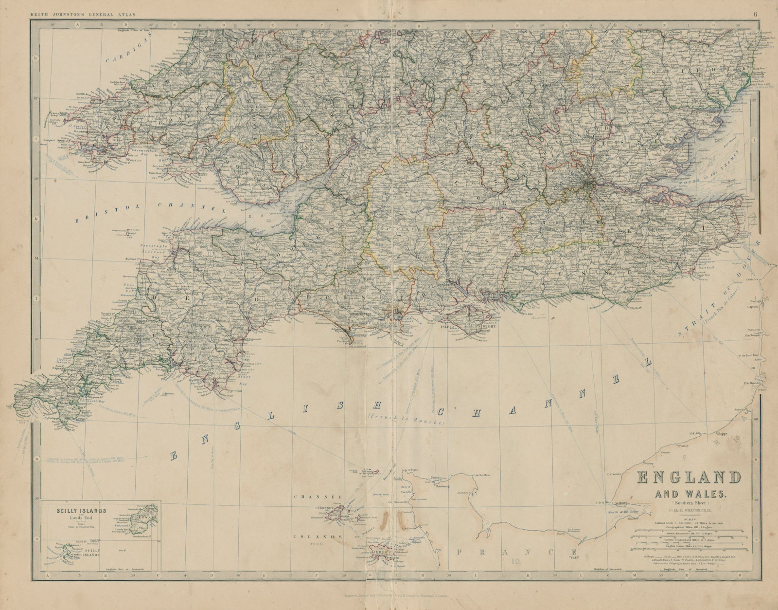 Associate Product England & Wales (South) Scilly Islands English Channel 50x60cm JOHNSTON 1879 map