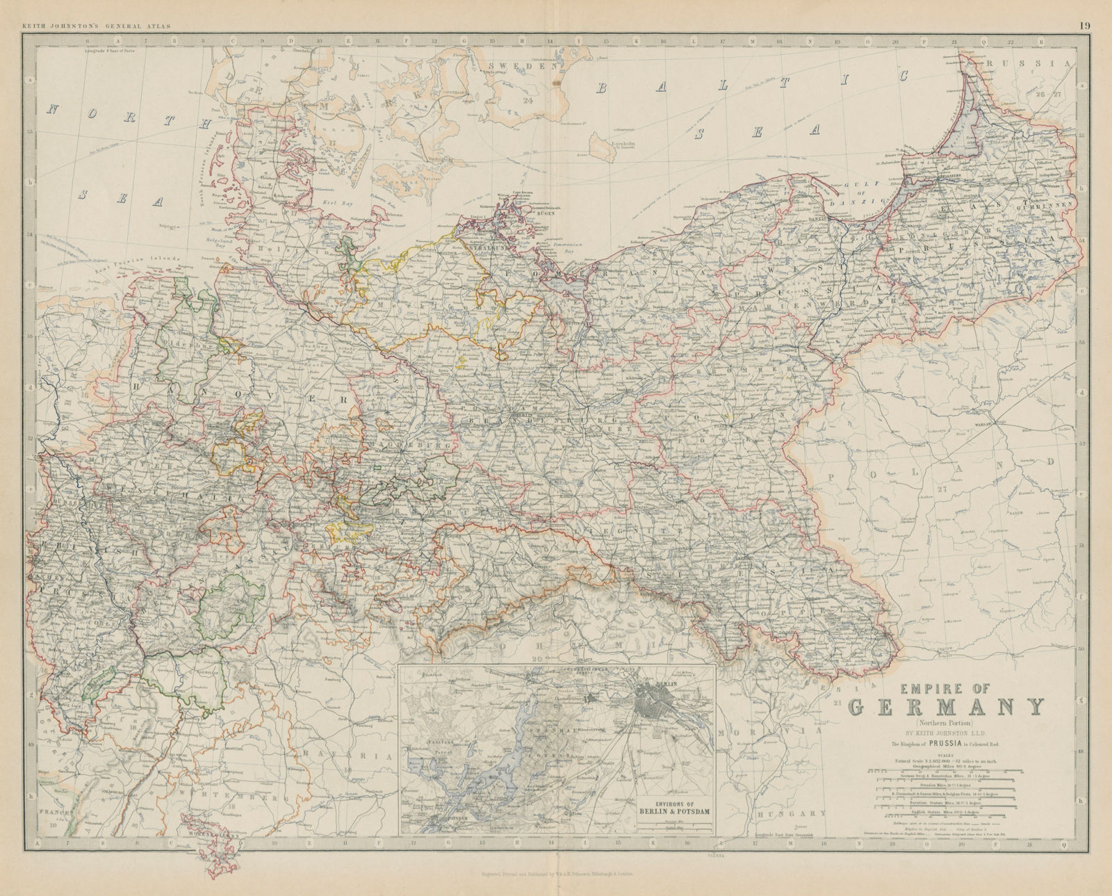 Empire of Germany (North). Berlin environs. Prussia. 50x60cm. JOHNSTON 1879 map