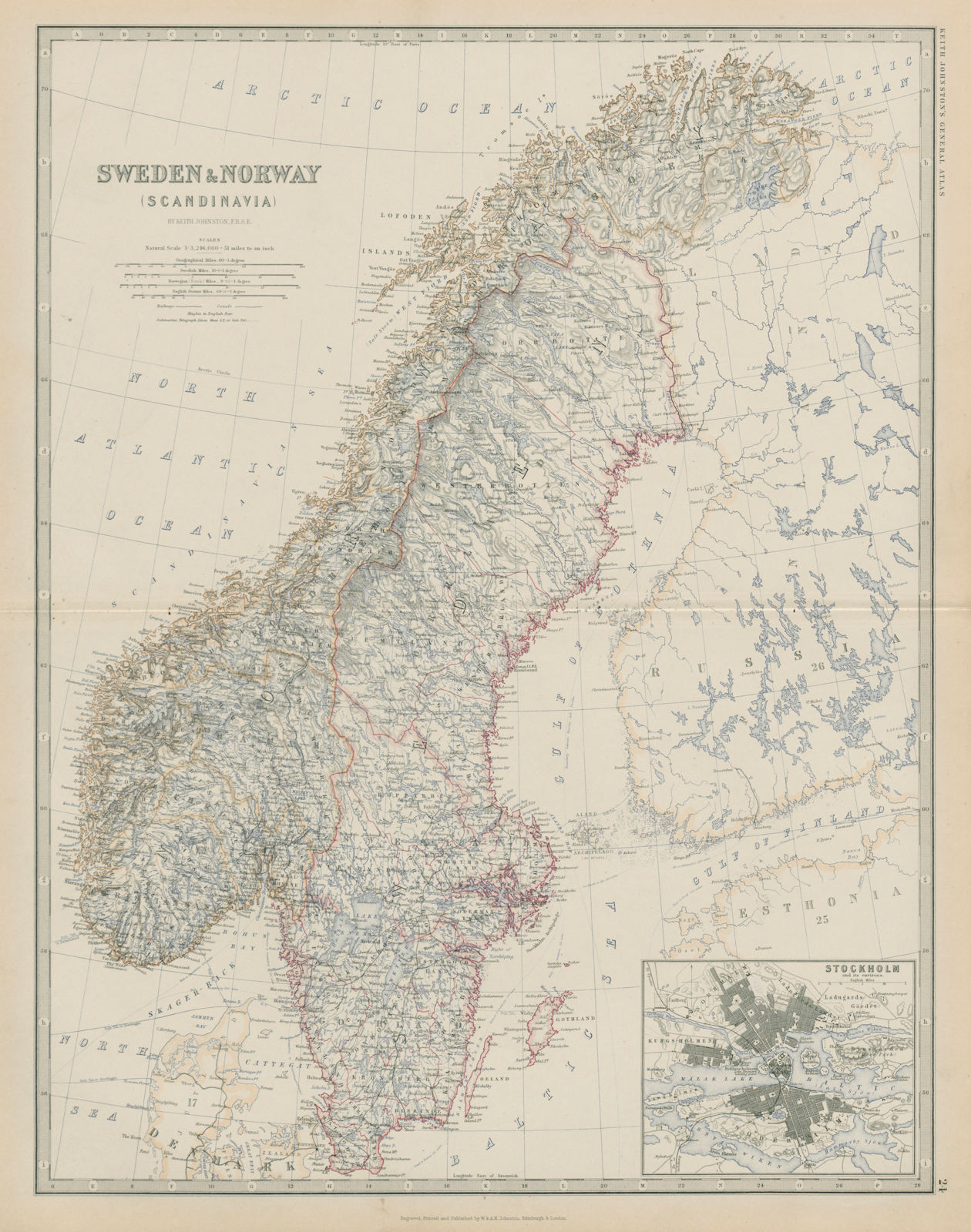 Sweden & Norway (Scandinavia). Stockholm. 50x60cm. JOHNSTON 1879 old map