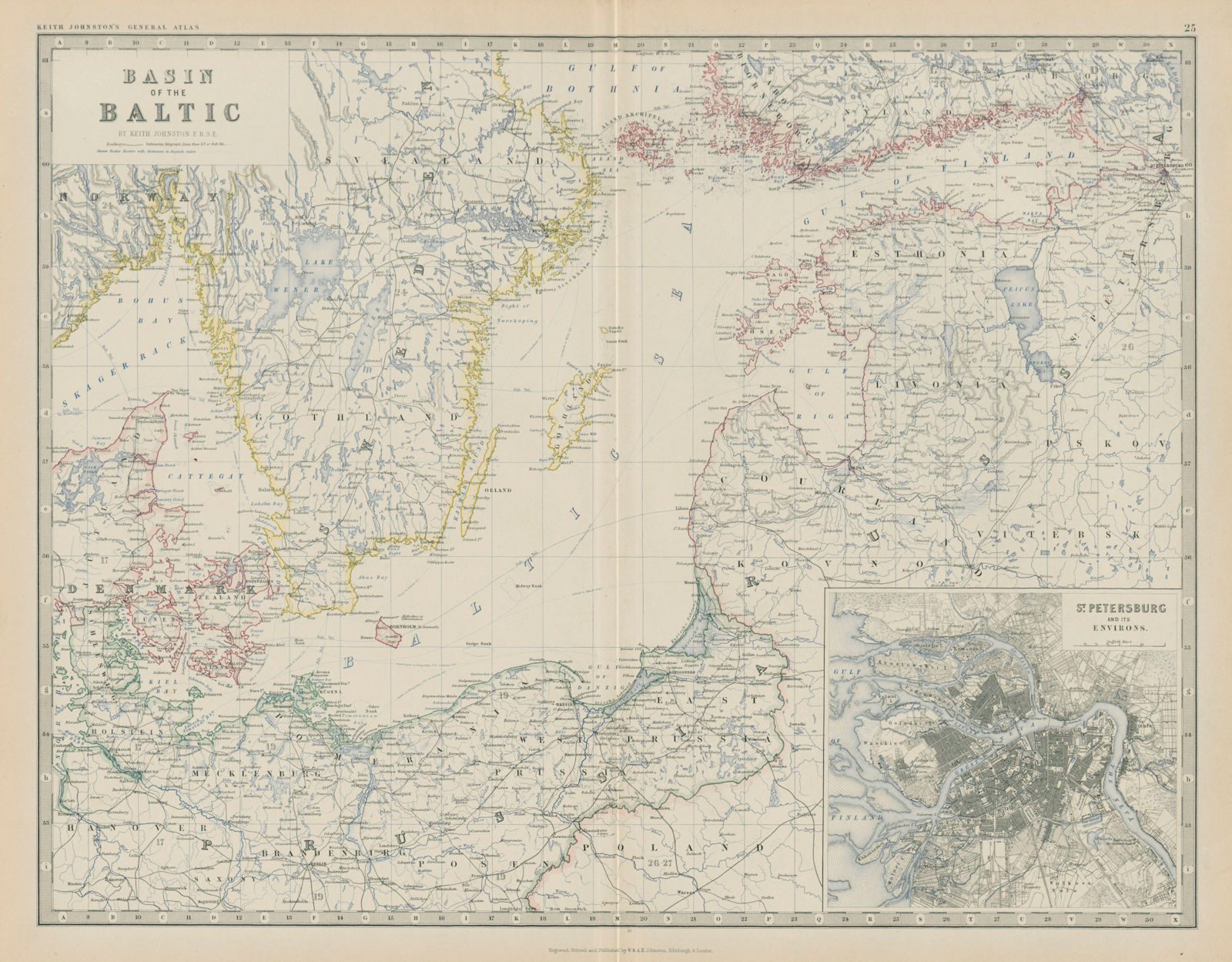 Baltic Sea. Latvia Lithuania Estonia St Petersburg. 50x60cm. JOHNSTON 1879 map