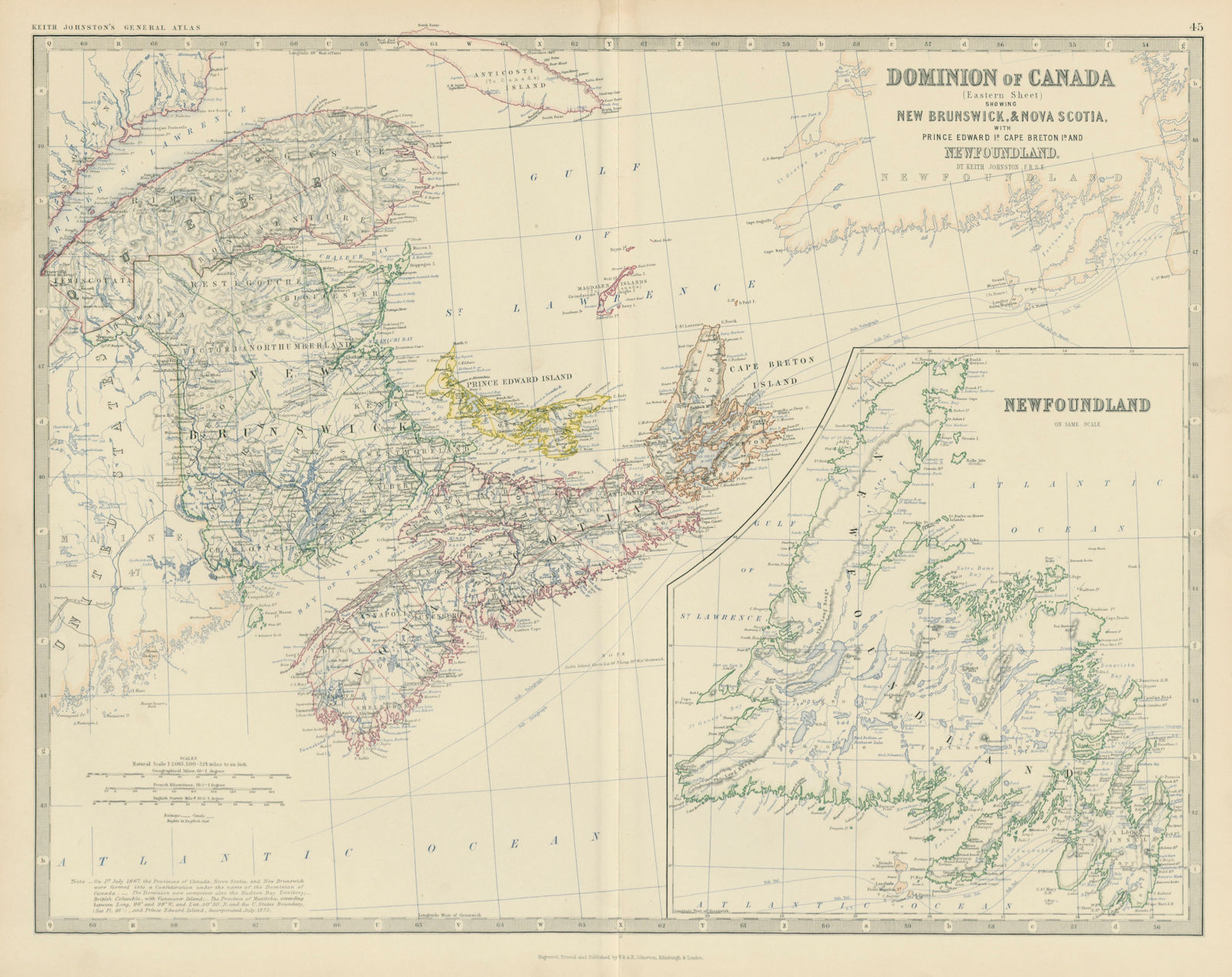 Dominion of Canada (East). Maritimes. Newfoundland. 50x60cm. JOHNSTON 1879 map