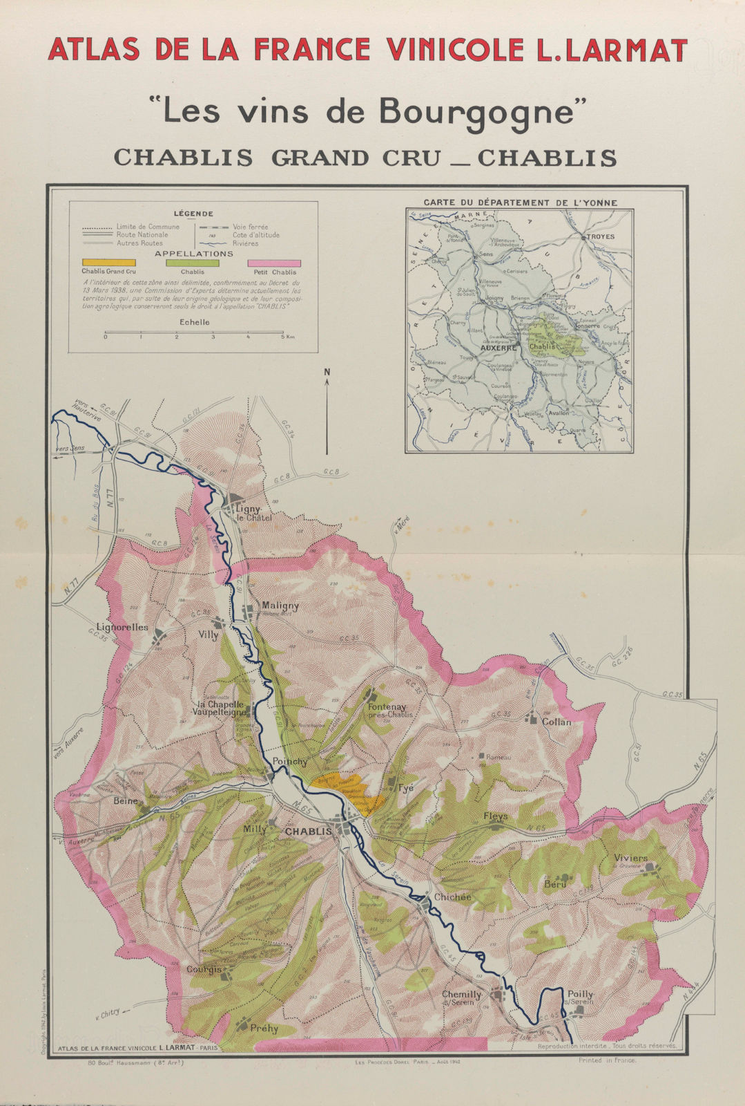 BOURGOGNE BURGUNDY WINE MAP Chablis appellations vignobles vineyards LARMAT 1942